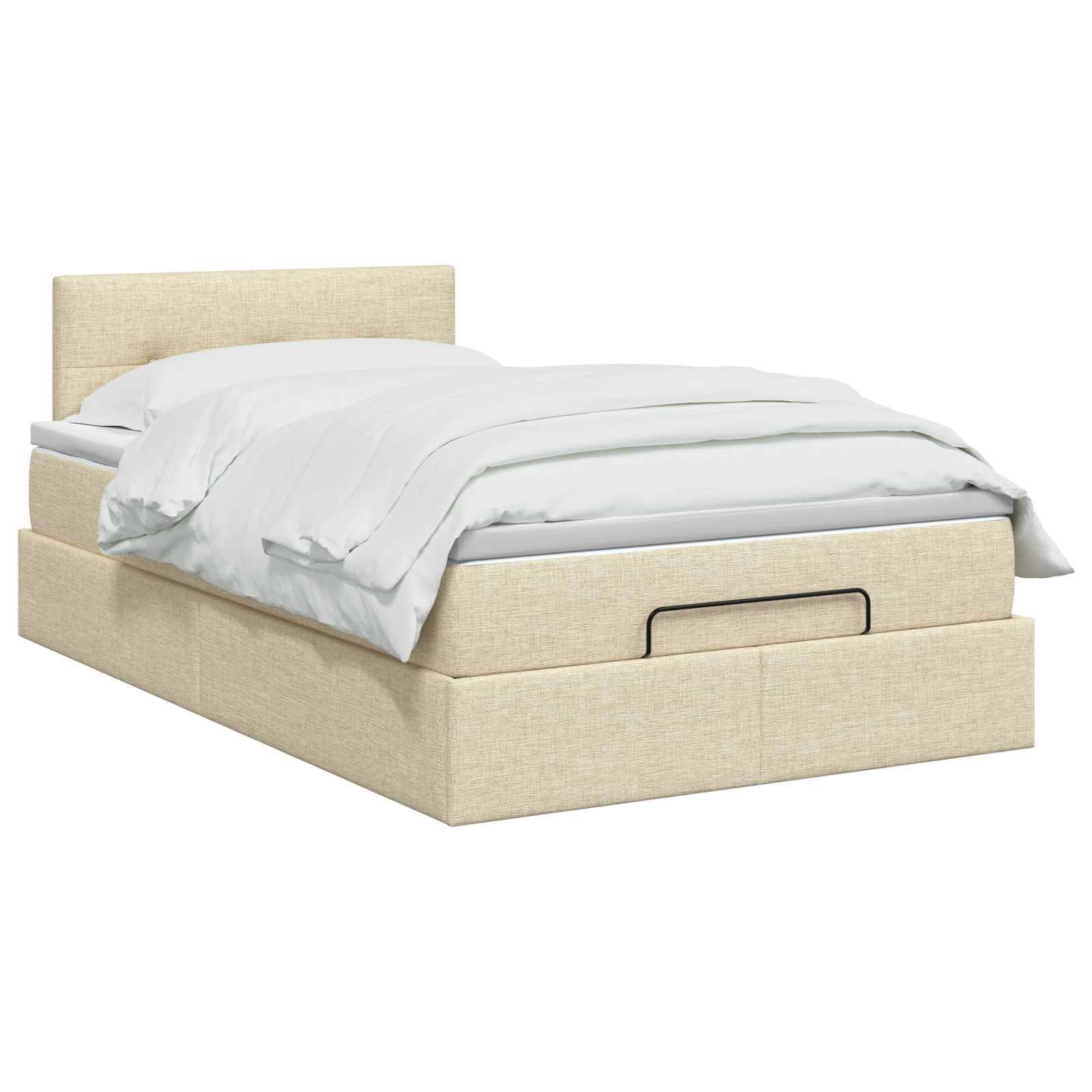 Beige gepolstertes Plattformbett mit weißer Bettwäsche und Schublade zur Aufbewahrung in der Basis, auf weißem Hintergrund dargestellt.