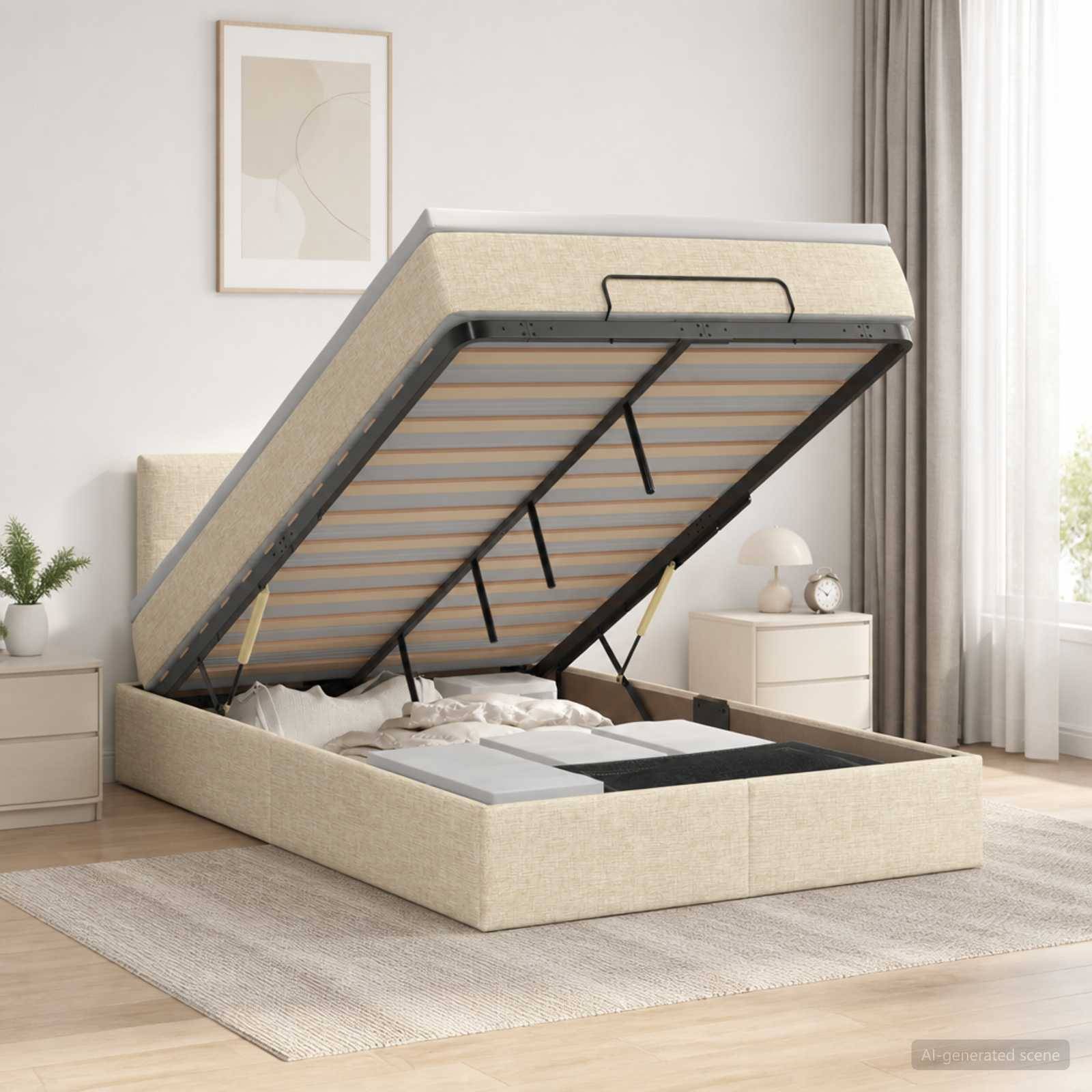 Ein beiges gepolstertes Speicherbett mit der angehobenen Matratzenplattform, das unter dem Bett Stauraum in einem hellen modernen Schlafzimmer zeigt.