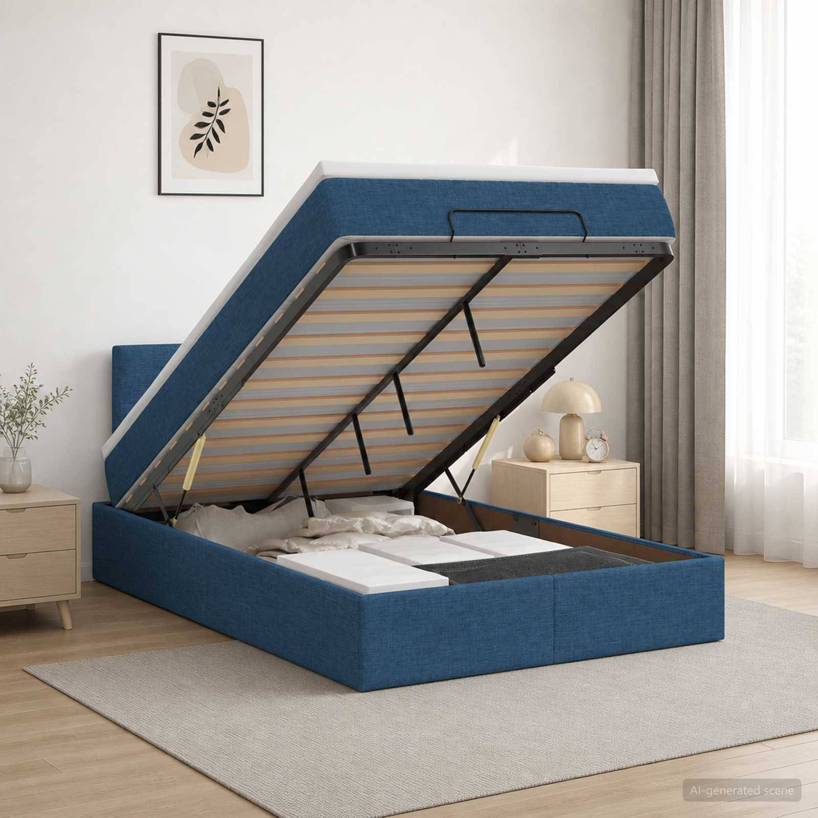 Blaues gepolstertes Speicherbett mit gasdruck-betätigter klappbarer Matratzenunterlage offen, die die Unterbett-Speicherung in einem modernen Schlafzimmer zeigt.