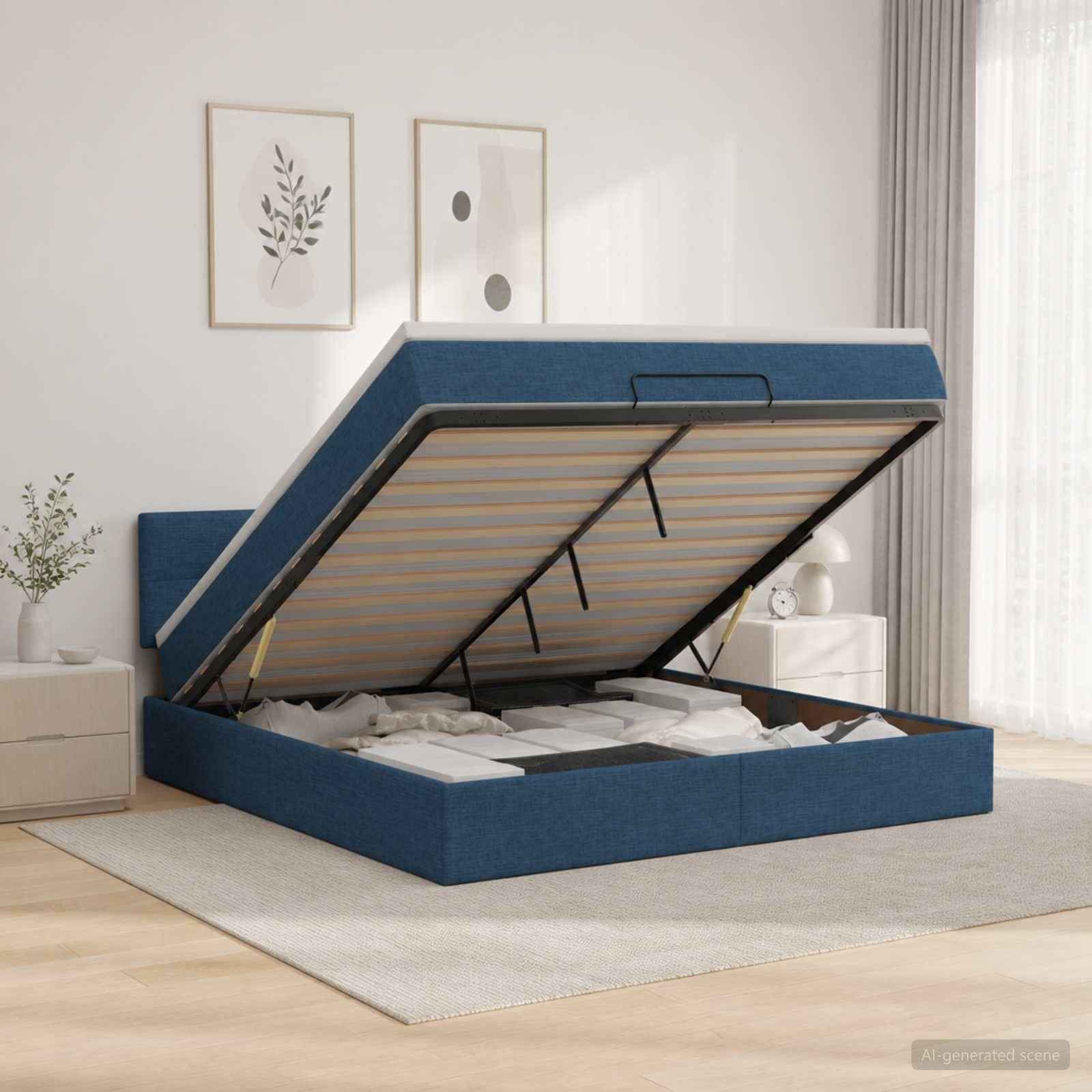 Blaugepolstertes Ottomanbett mit hochgeklappter Matratzenunterlage, das den Stauraum unter dem Bett in einem hellen Schlafzimmer freigibt.