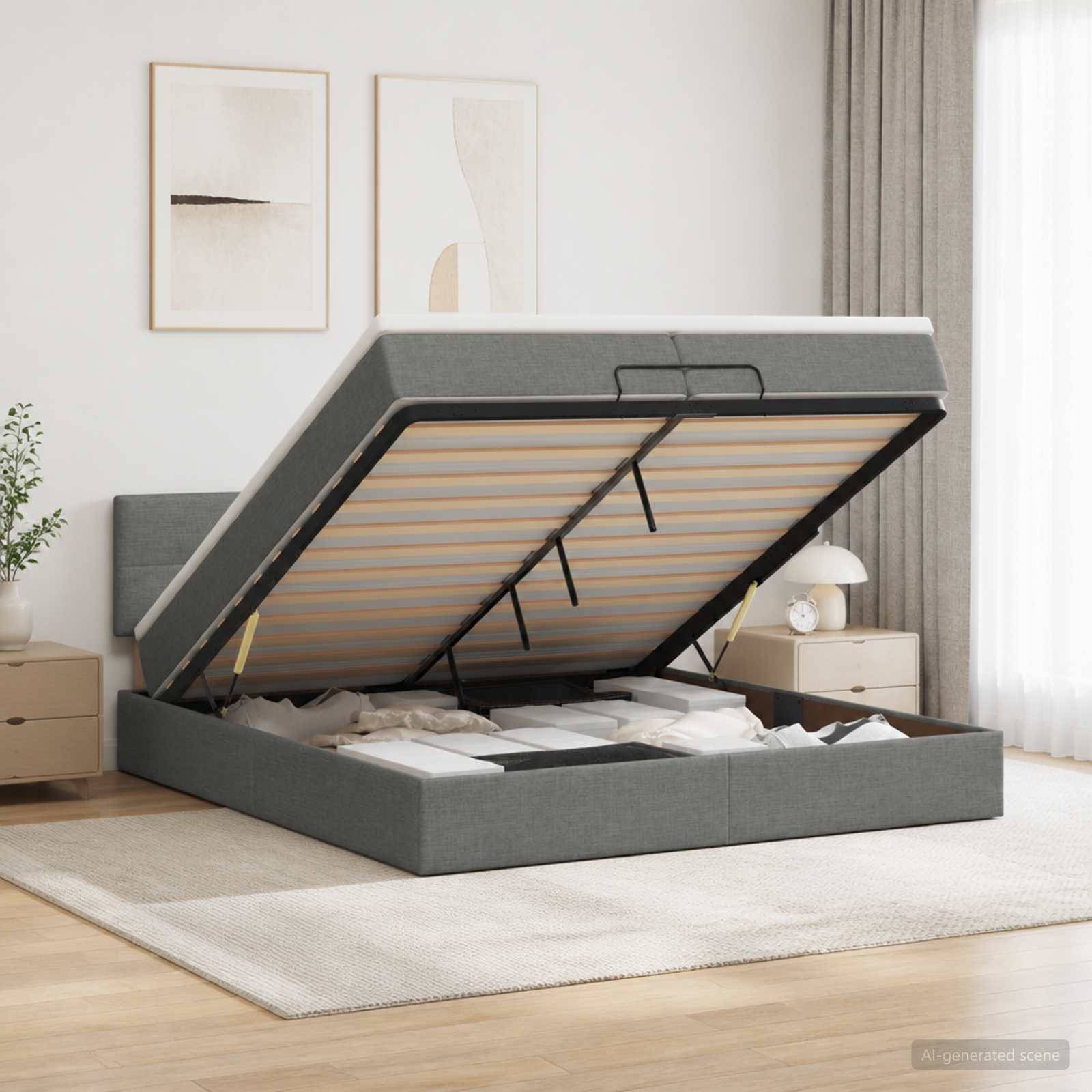 Graues gepolstertes Speicherbett mit erhobener Lamellenbasis, das kompartimentierter Speicher in einem modernen Schlafzimmer offenbart.