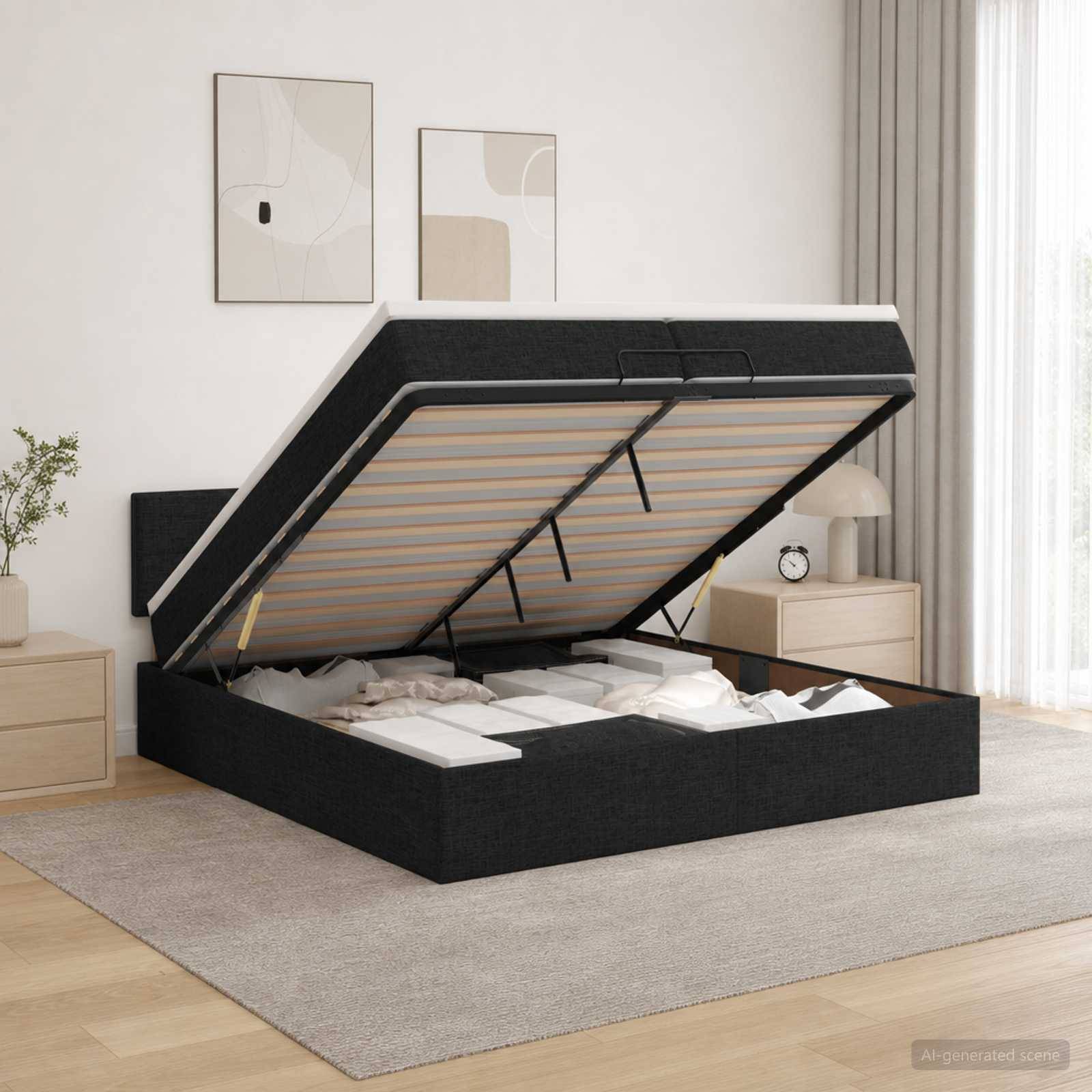 Schwarzes gepolstertes Hubbett mit offener Hydraulikbasis, das den Stauraum unter dem Bett in einem minimalistischen Schlafzimmer zeigt.