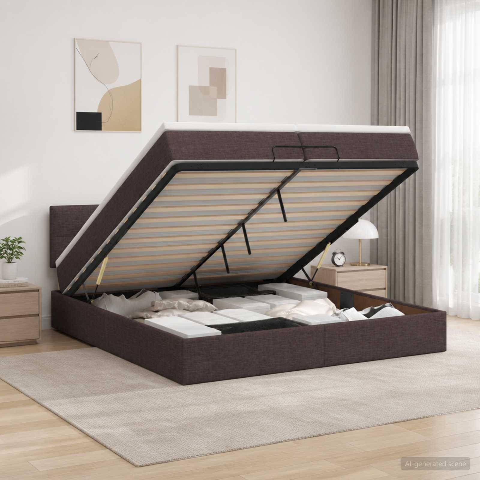 Braun gepolstertes Bett mit Hubmechanismus in einem hellen Schlafzimmer, mit erhobener Matratze, die eingebaute Stauraum-Fächer unter dem Bett zeigt.