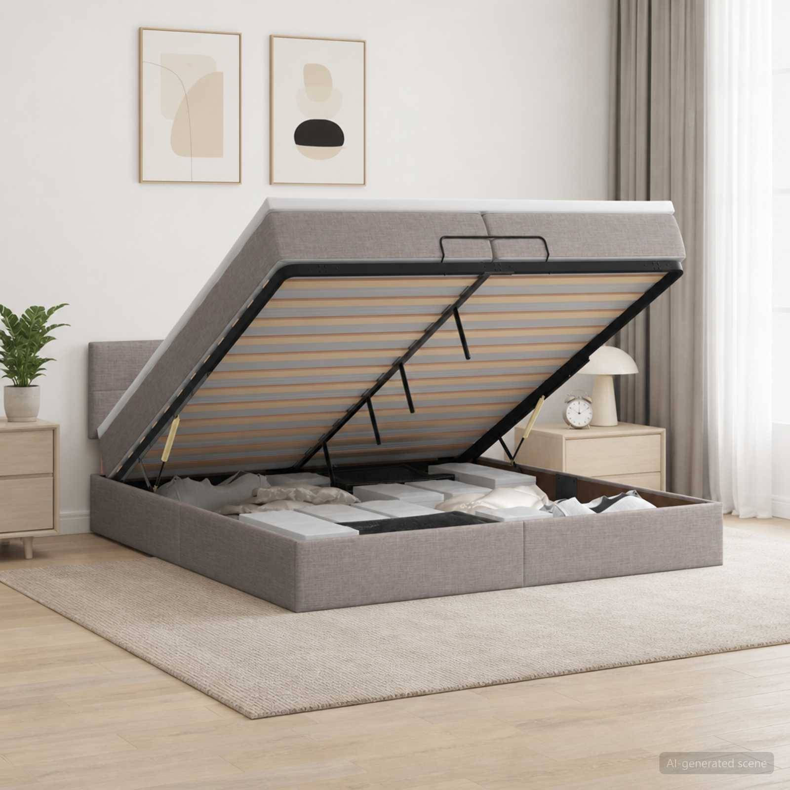 Modernes Polsterbett mit erhobener Speicherbasis und geöffnetem Matratzen-Zugangsdeckel in einem minimalistischen Schlafzimmer.