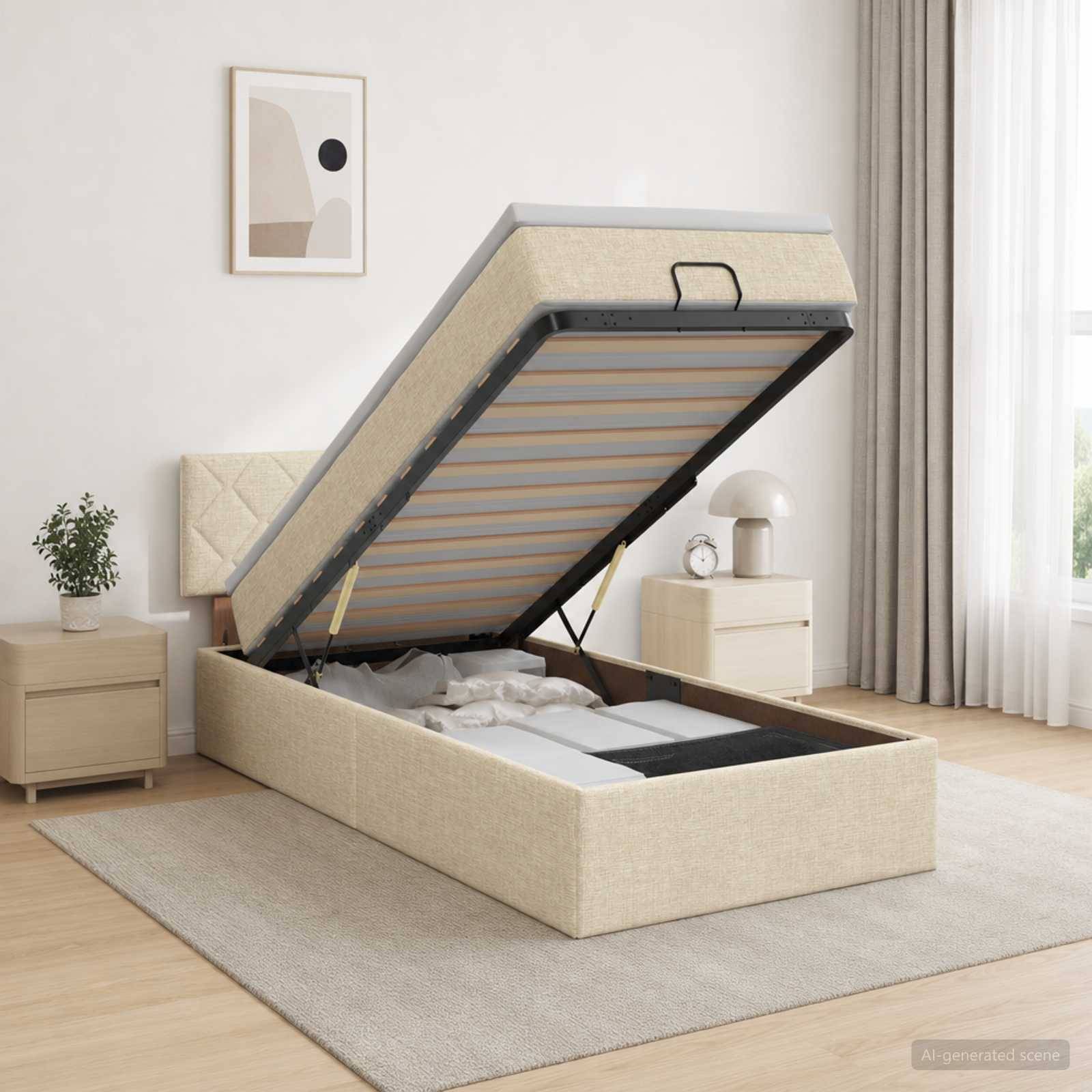 Ein beiges Bett mit Hebegestell ist offen und zeigt den Unterbettstauraum in einem hellen Schlafzimmer mit Nachttischen, Lampe, Pflanze, Teppich und Vorhängen.