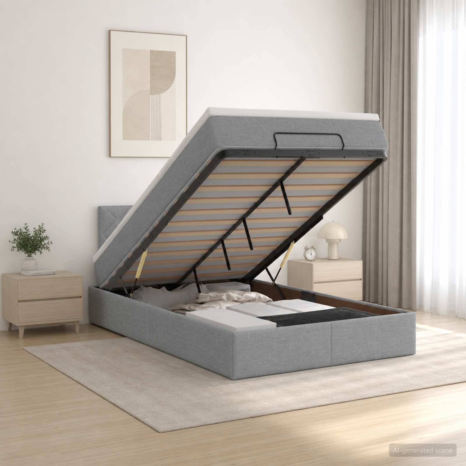 Grau gepolstertes Bettgestell mit Hubmechanismus, angehoben, um den Stauraum unter dem Bett in einem hellen, modernen Schlafzimmer mit Nachttischen, Teppich und Vorhängen zu zeigen.