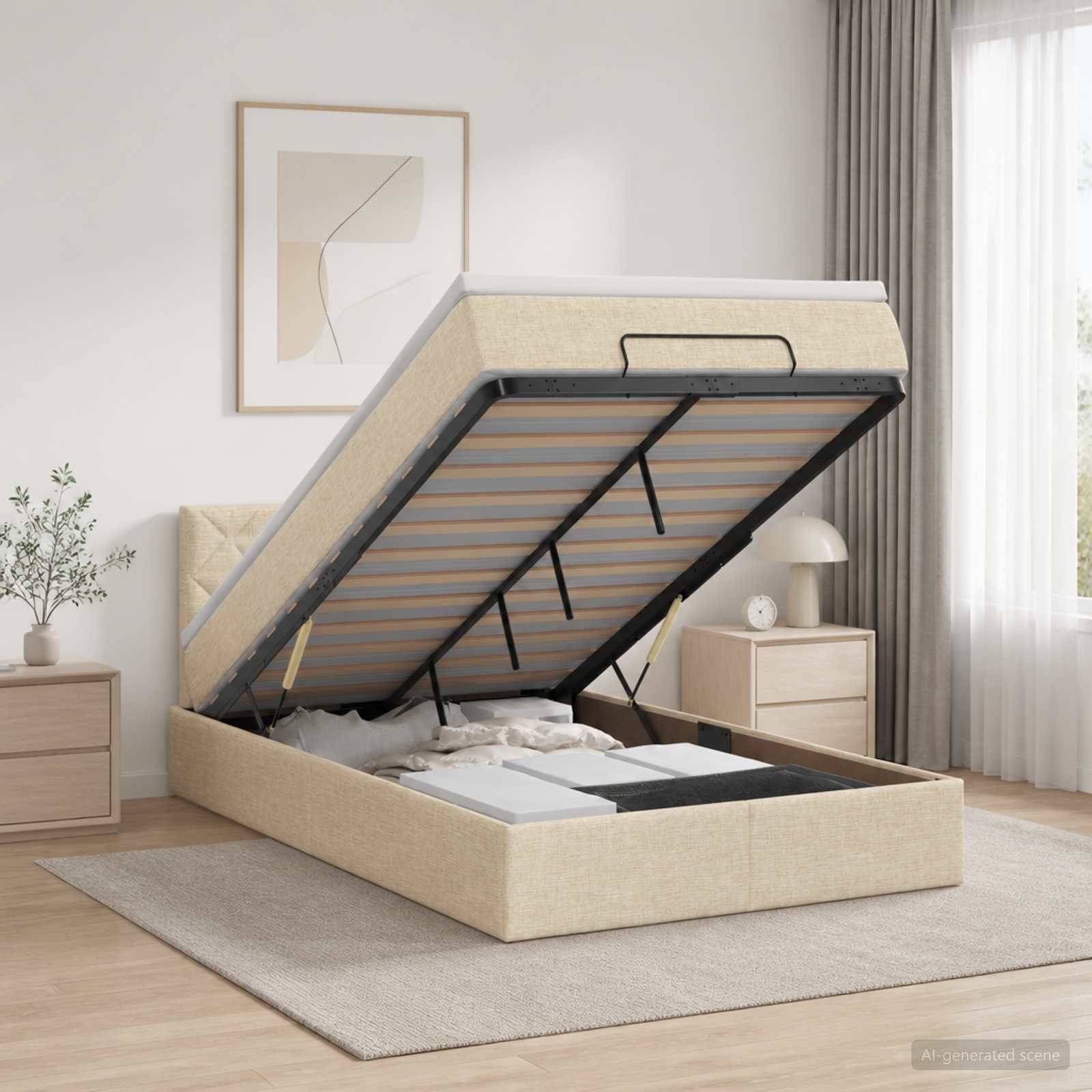 Beige gepolstertes Bett mit Hubmechanismus geöffnet, um den Stauraum unter dem Bett in einem hellen, minimalistischen Schlafzimmer zu zeigen.