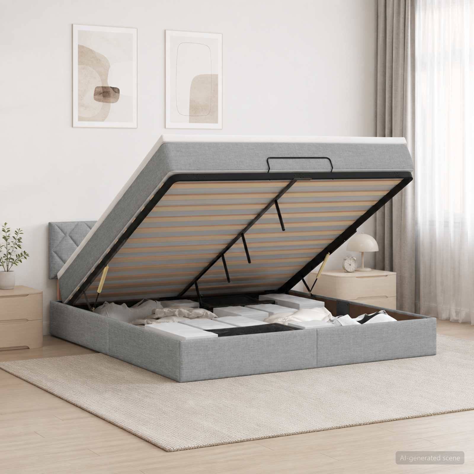 Graugepolstertes Speicherbett mit angehobenem Klapprahmen, der den Stauraum unter dem Bett in einem hellen Schlafzimmer offenbart.