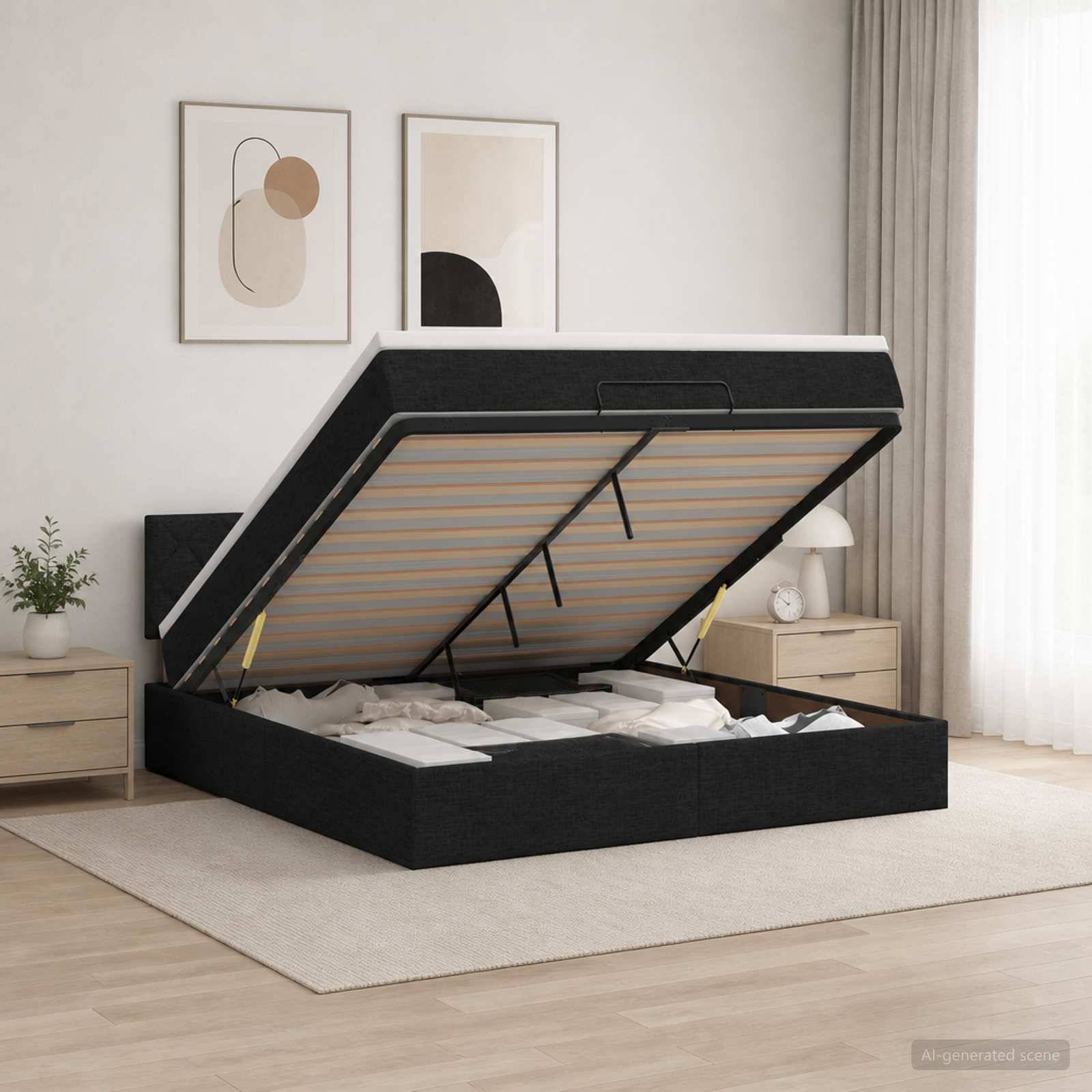 Schwarzes gepolstertes Bett mit Gasdruckfedern und hochgeklappter Matratze, das den Stauraum unter dem Bett in einem minimalistischen Schlafzimmer offenbart.