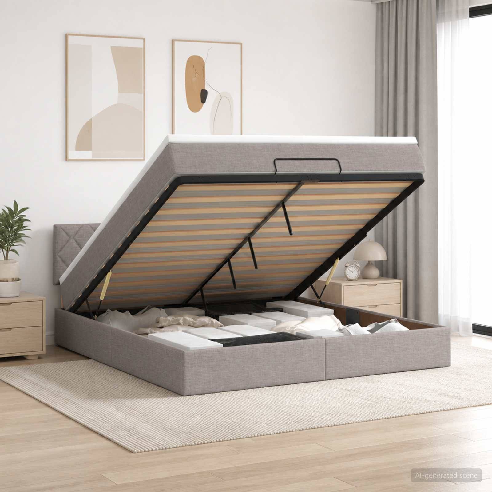 Modernes gepolstertes Speicherbett mit Matratzenuntergrund, der auf Gasfedern geöffnet ist und den Speicherplatz in einem hellen Schlafzimmer offenbart.