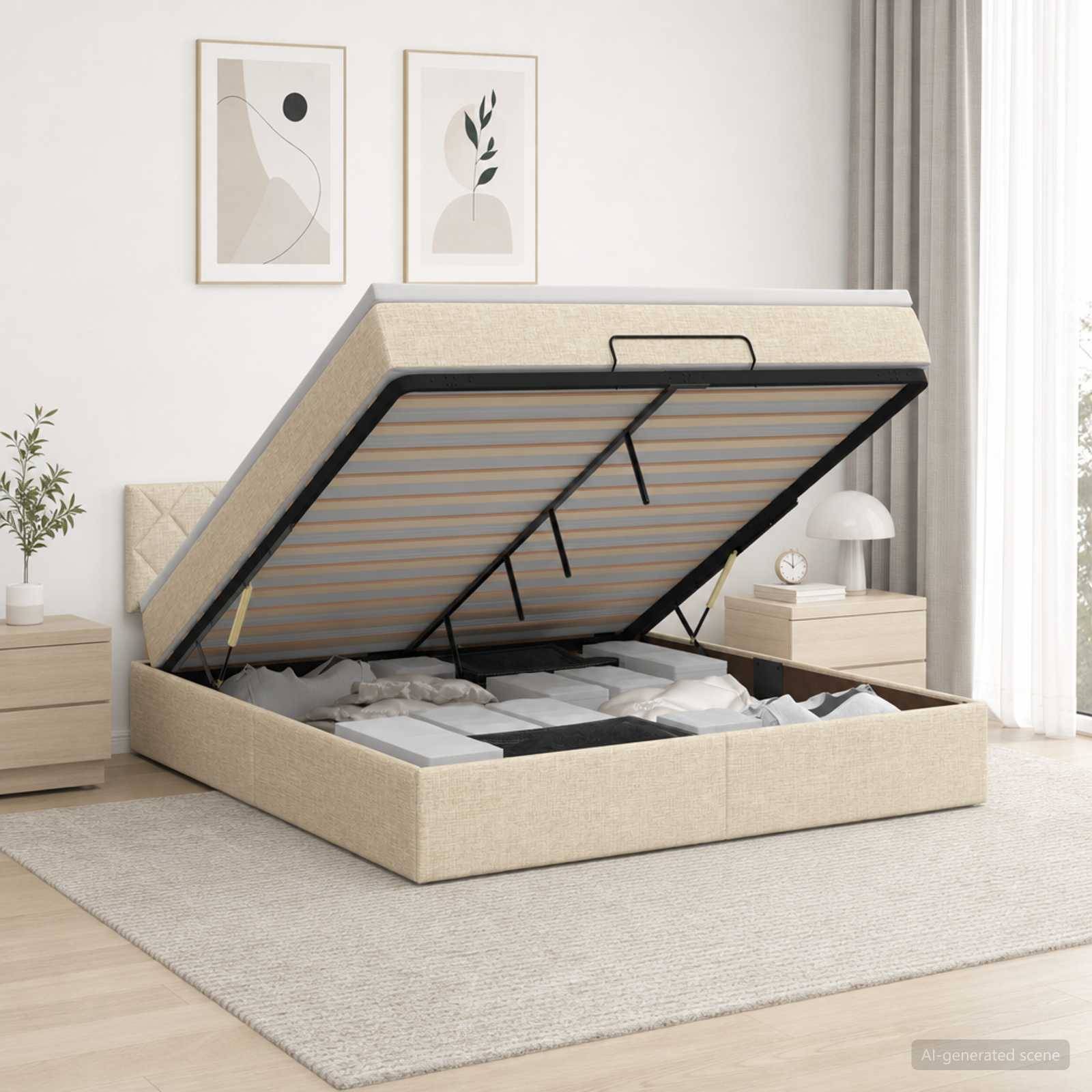 Beiges gepolstertes Bett mit Hebbettmechanismus in einem hellen Schlafzimmer, das die angehobene Matratzenunterlage zeigt, um die darunter liegenden Stauraum-Fächer freizulegen.