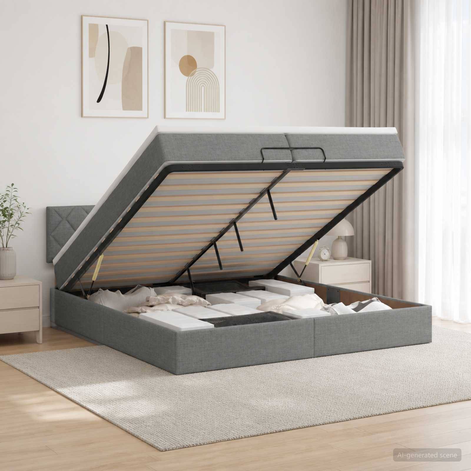 Graues gepolstertes Speicherbett mit hochgeklappter Matratzenplattform offen, zeigt den Stauraum unter dem Bett in einem hellen, minimalistischen Schlafzimmer.