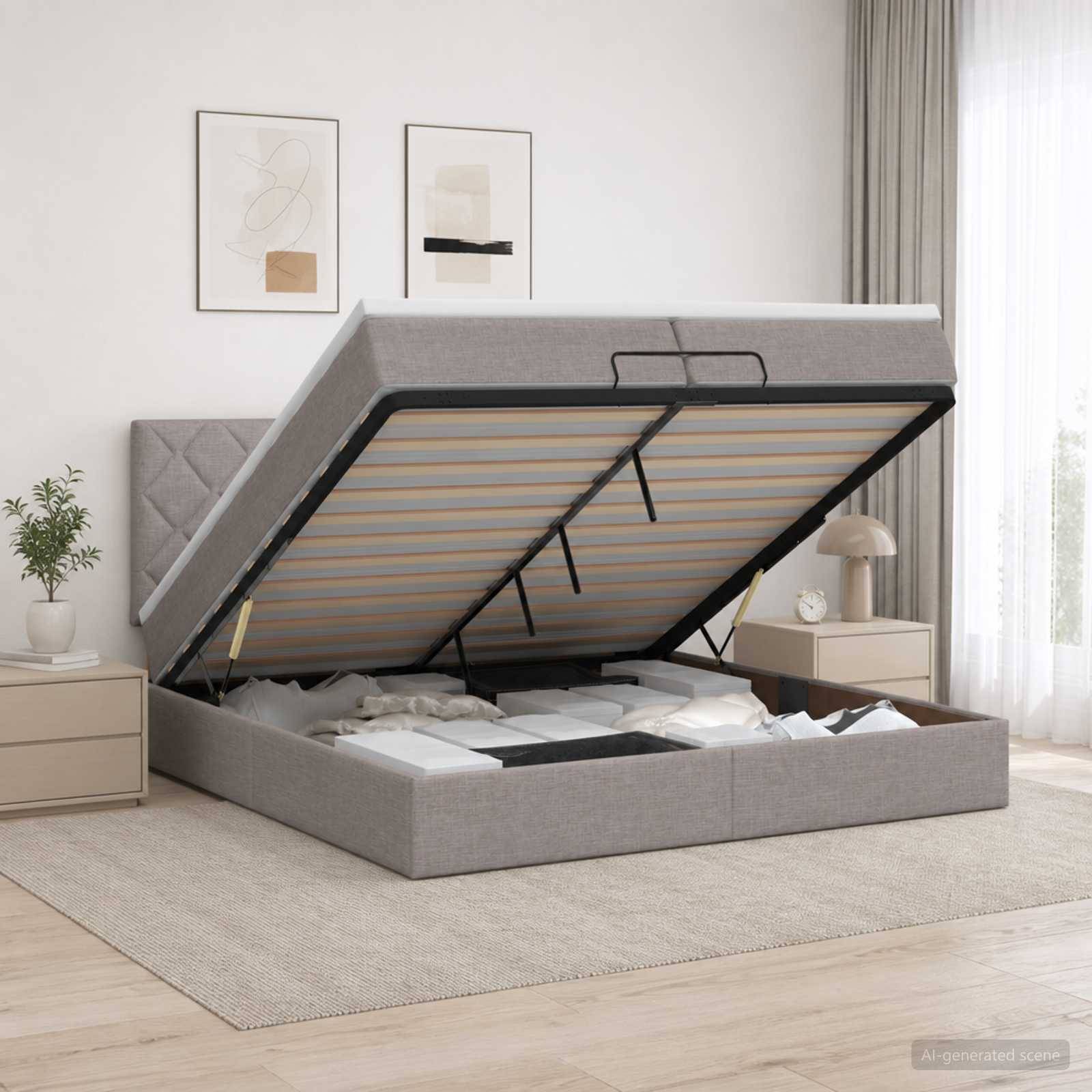 Grau gepolstertes Speicherbett mit angehobener Matratze auf einem Hydraulikrahmen, das das Unterbett-Speicherfach in einem hellen Schlafzimmer zeigt.
