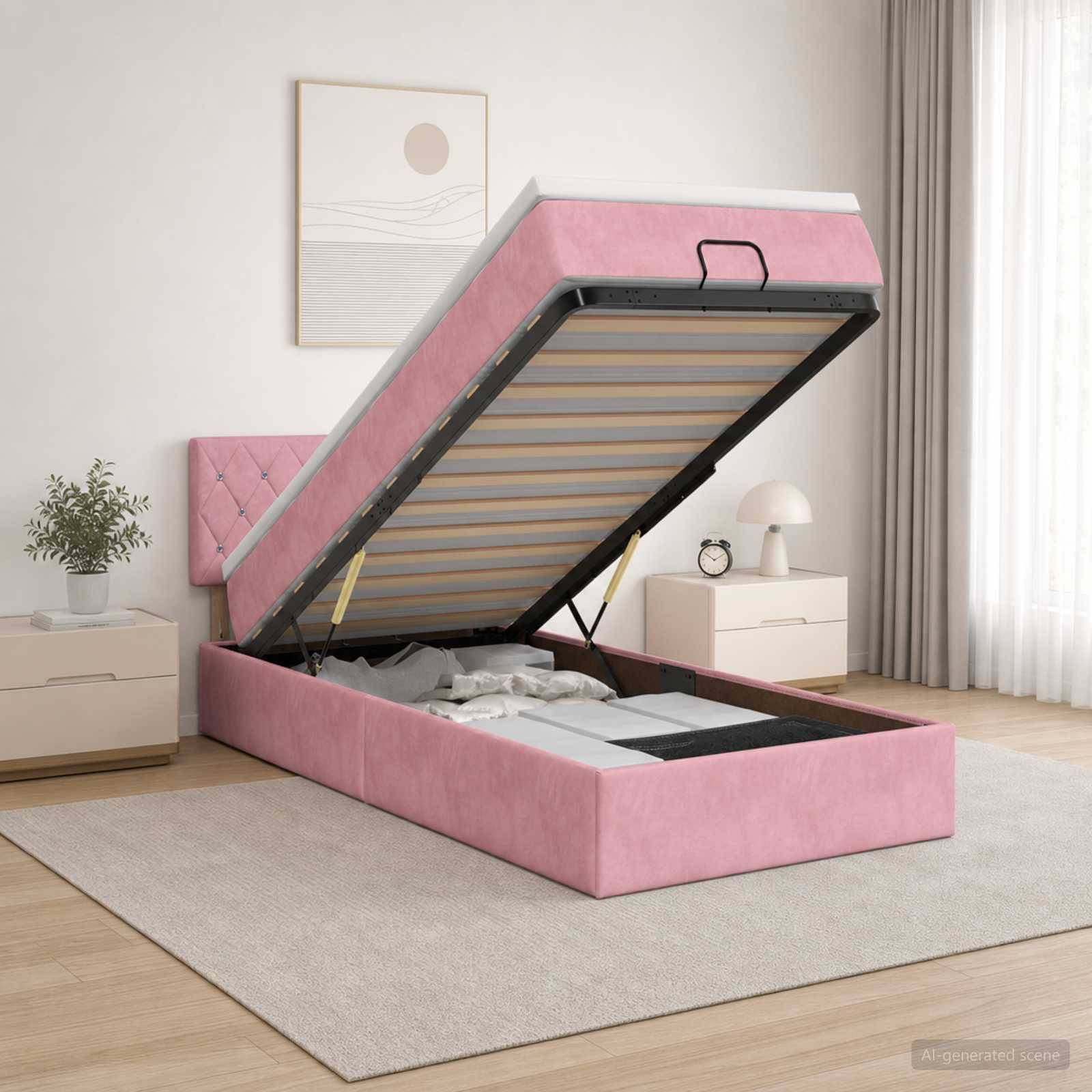 Rosa gepolstertes Bett mit Hubmechanismus in einem modernen Schlafzimmer angehoben, wodurch die Matratzenunterlage und der Stauraum unter dem Bett sichtbar werden.