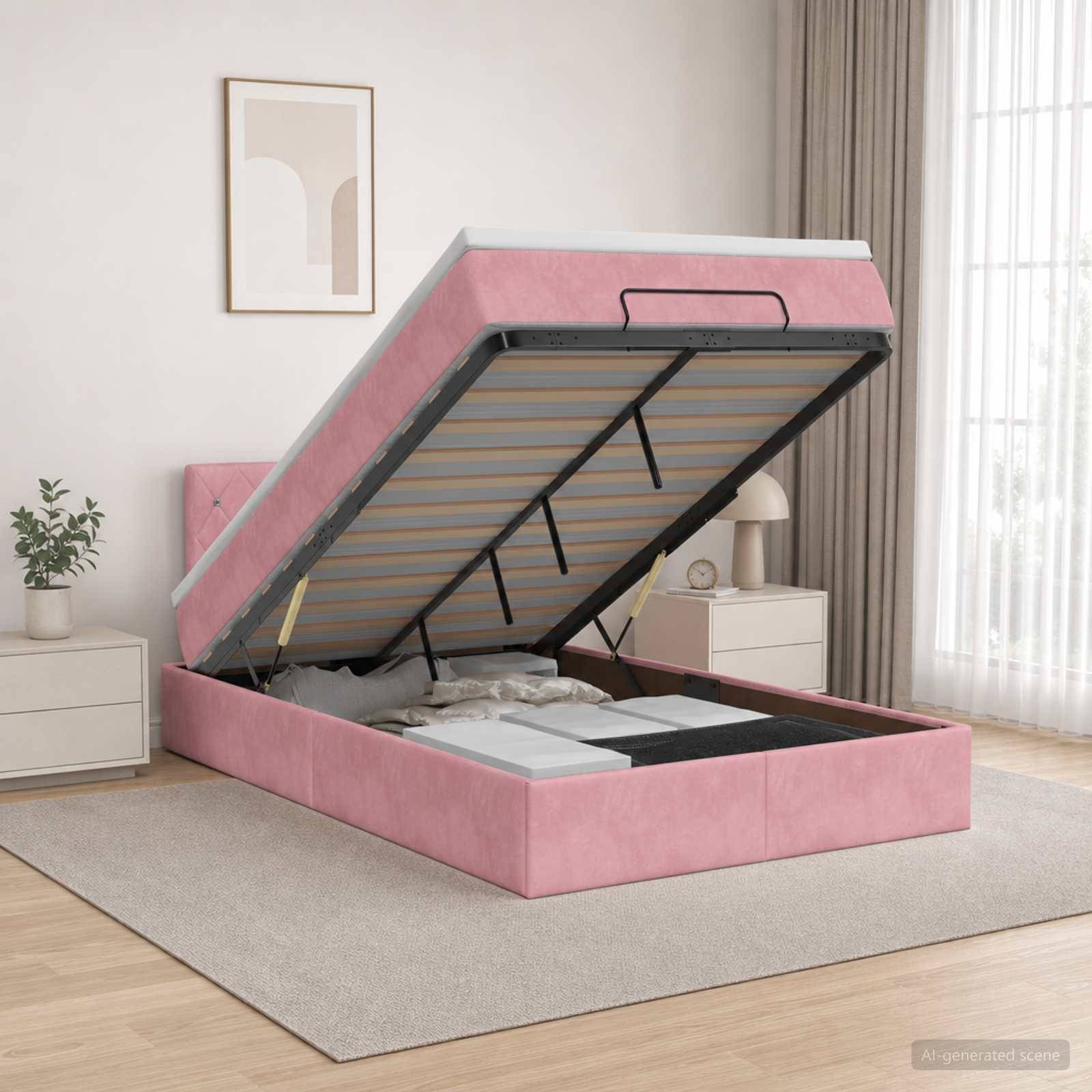 Rosa gepolstertes Plattformbett mit offener Hubbettfunktion, die die Matratzenunterlage in einem hellen, minimalistischen Schlafzimmer zeigt.