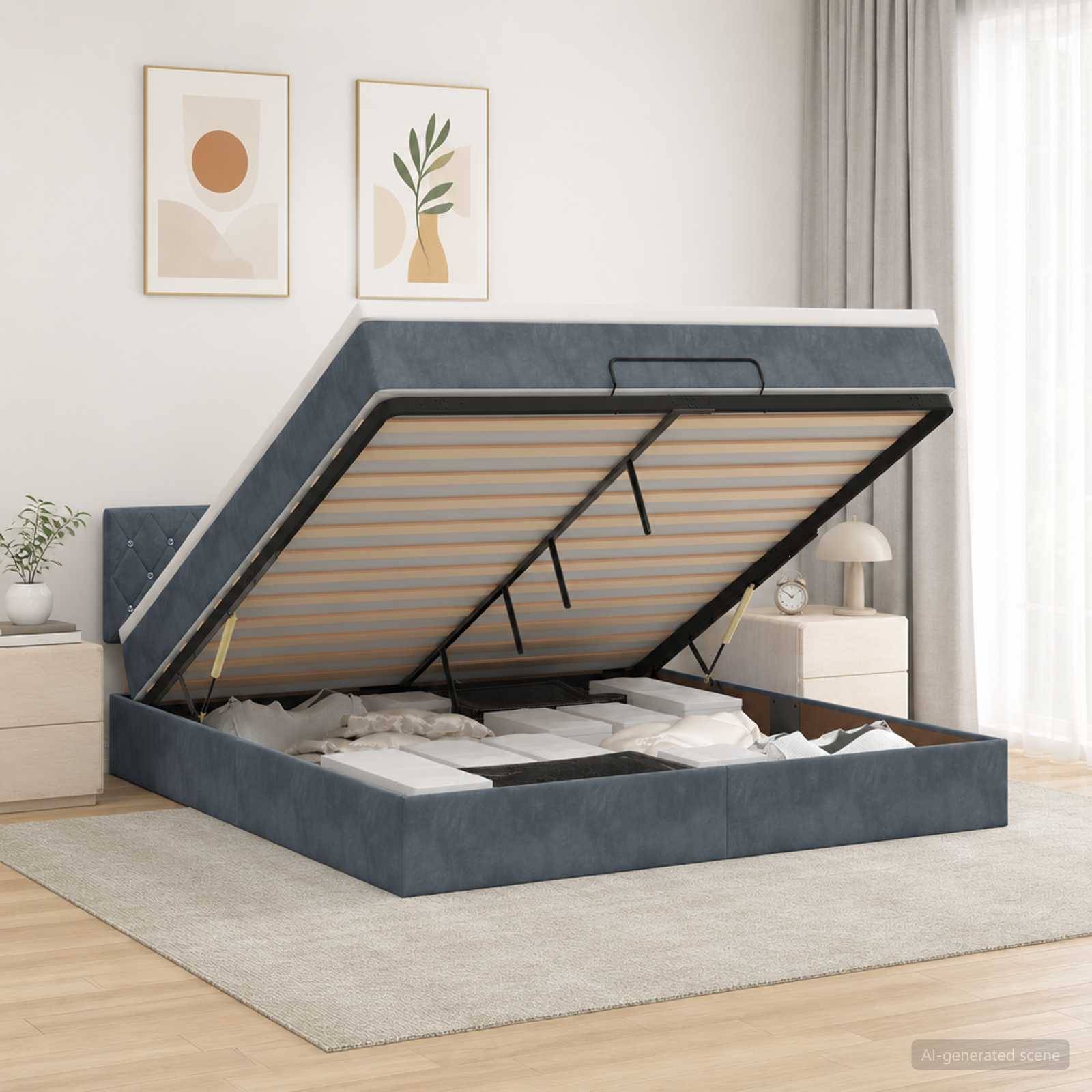 Blaues gepolstertes Aufklappbett mit Stauraum offen, das die Matratzenplattform und den Stauraum unter dem Bett in einem minimalistischen Schlafzimmer zeigt.