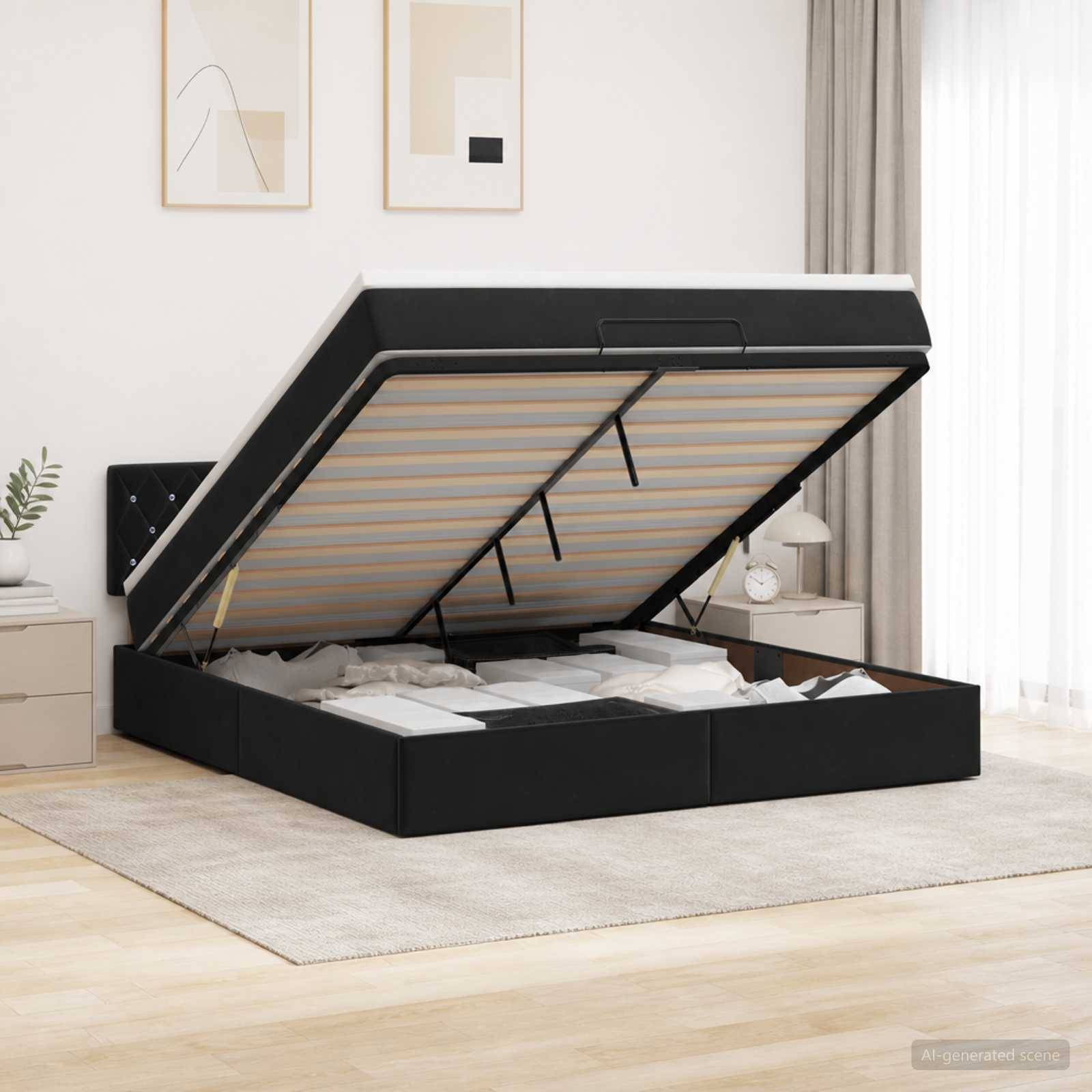 Schwarzes gepolstertes Speicherbett mit angehobener Matratze, die das Unterbett-Staufach in einem hellen Schlafzimmer freilegt.