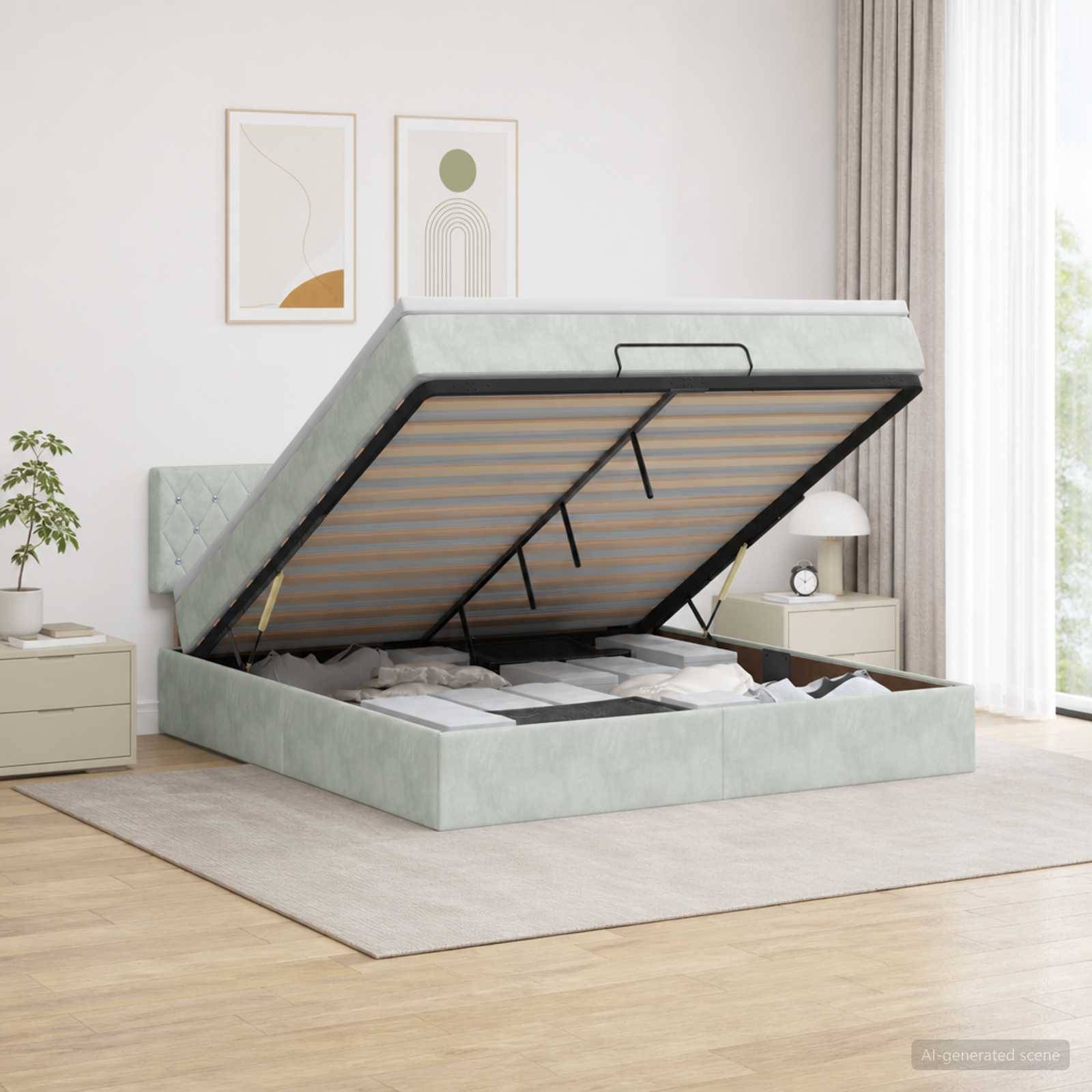 Ein hellgrünes gepolstertes Bett mit Hubmechanismus und hochgehobenem Lattenrost, das den Stauraum unter dem Bett in einem hellen Schlafzimmer offenbart.