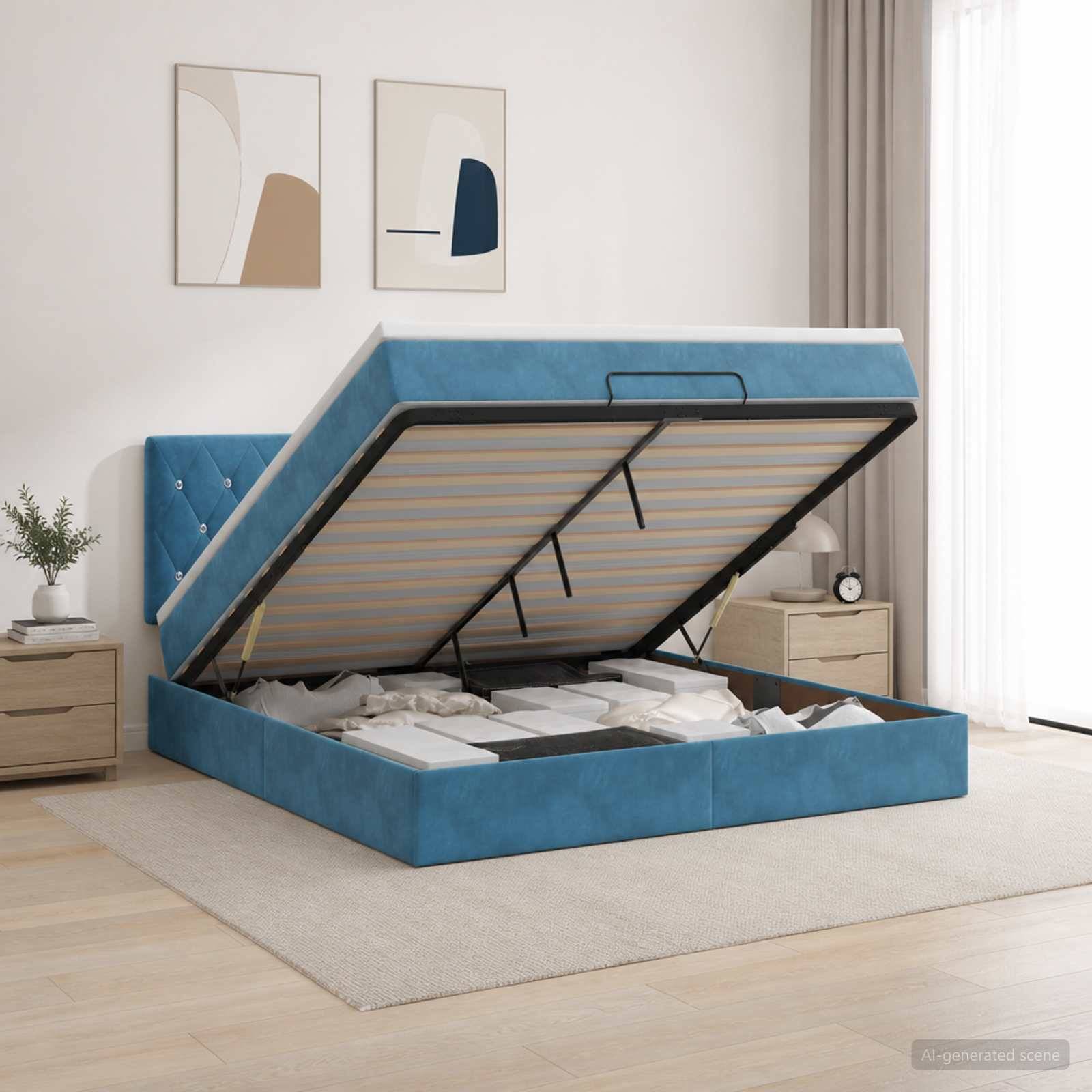 Blaues gepolstertes Speicherbett mit hochgeklappter Matratzenunterlage, das Stauräume unter dem Bett in einem hellen Schlafzimmer zeigt.