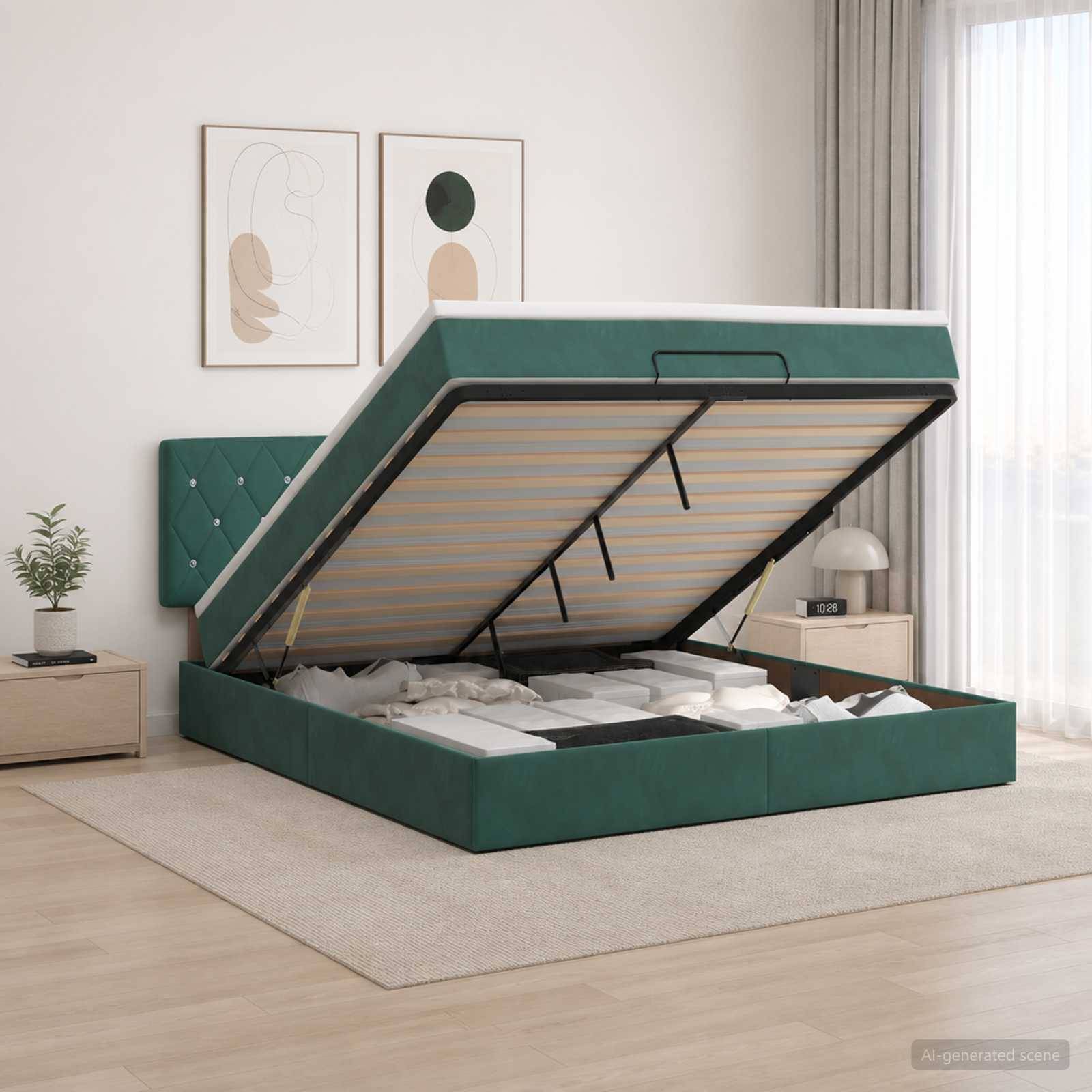 Grünes Polsterbett mit Hebevorrichtung und offenenem Matratzenstauraum in einem modernen Schlafzimmer