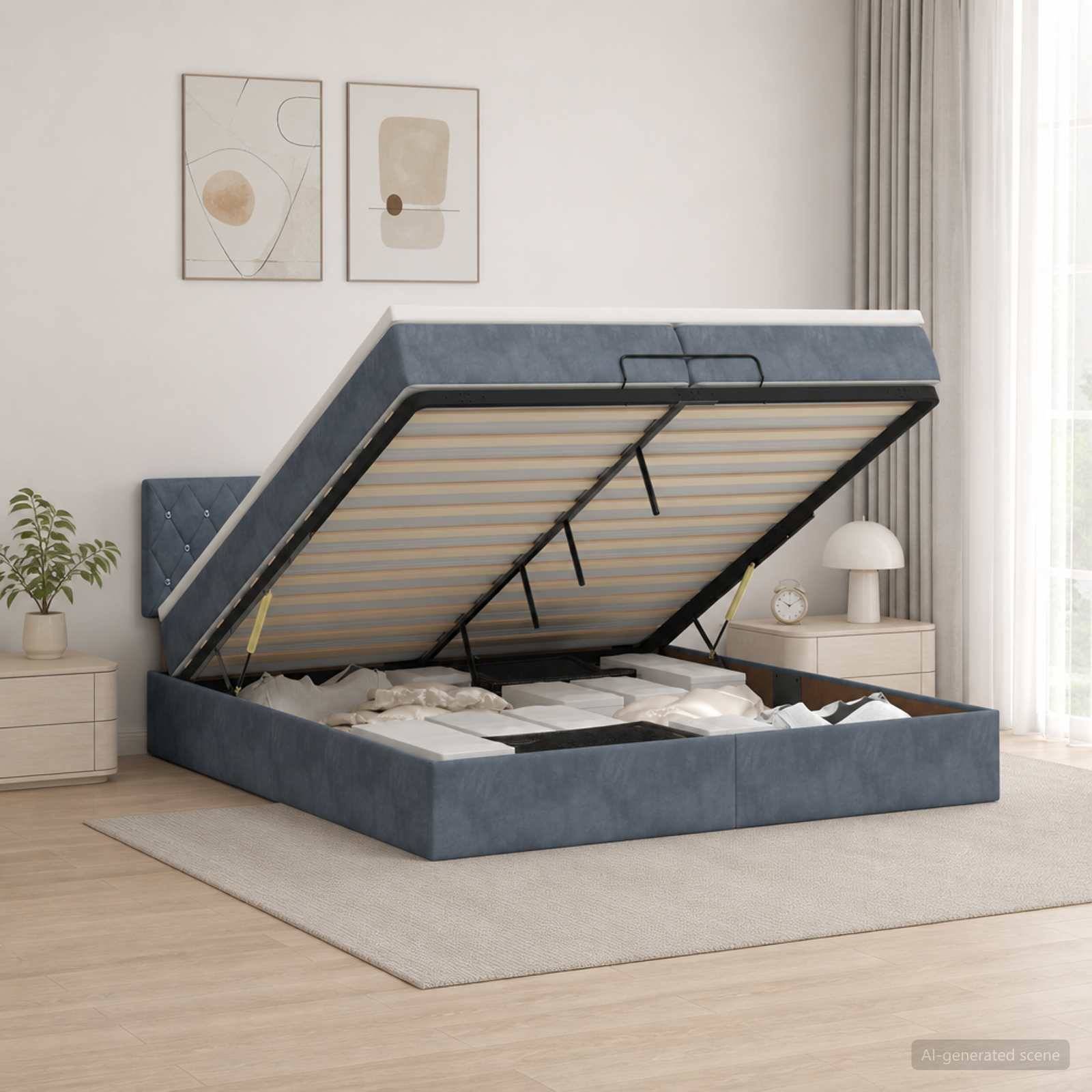 Blaugepolstertes Bett mit Hubmechanismus und freiliegendem Matratzenplatz in einem hellen Schlafzimmer
