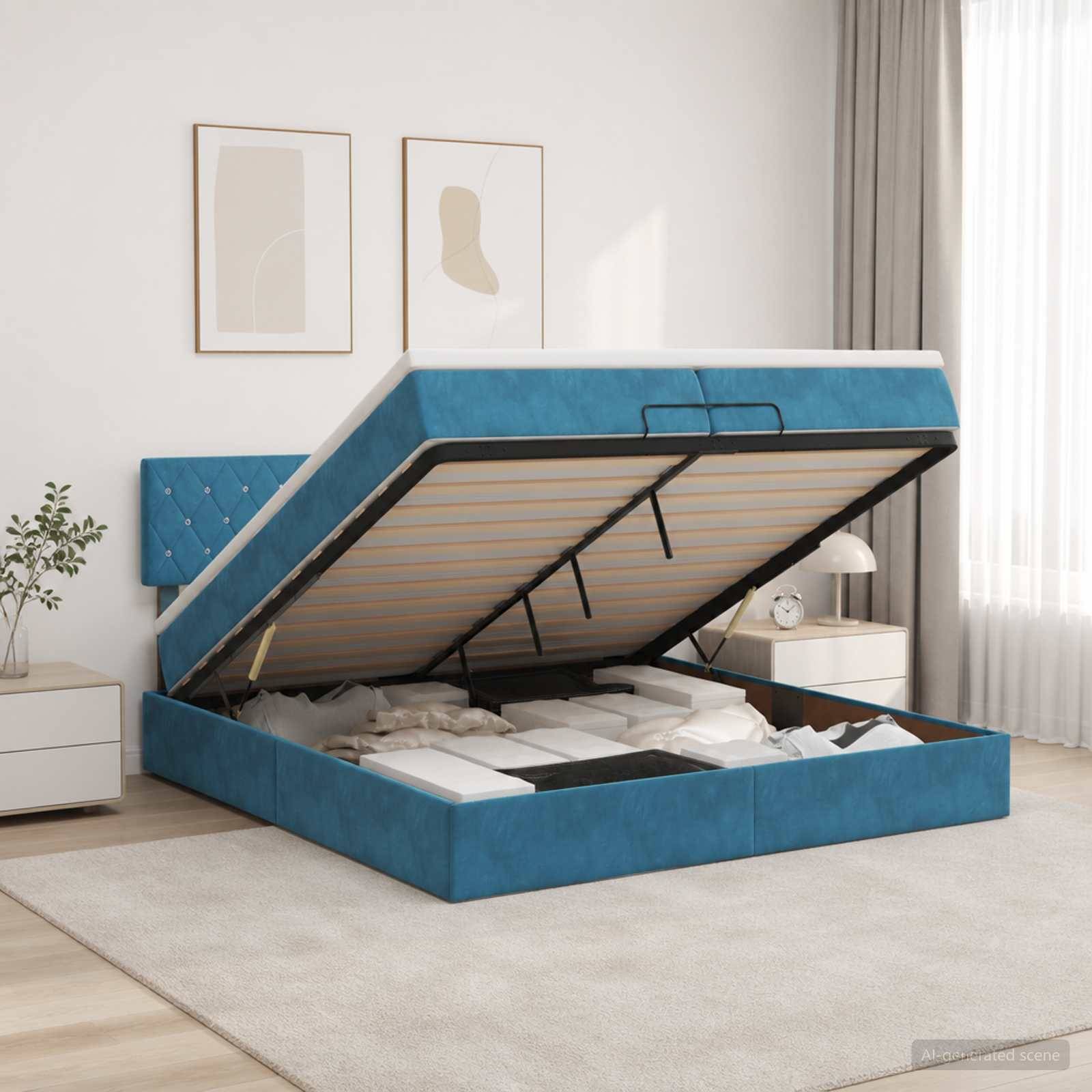 Blaugepolstertes Hubstaubett mit angehobener Matratzenunterstützung, das den Stauraum unter dem Bett in einem hellen Schlafzimmer freigibt.