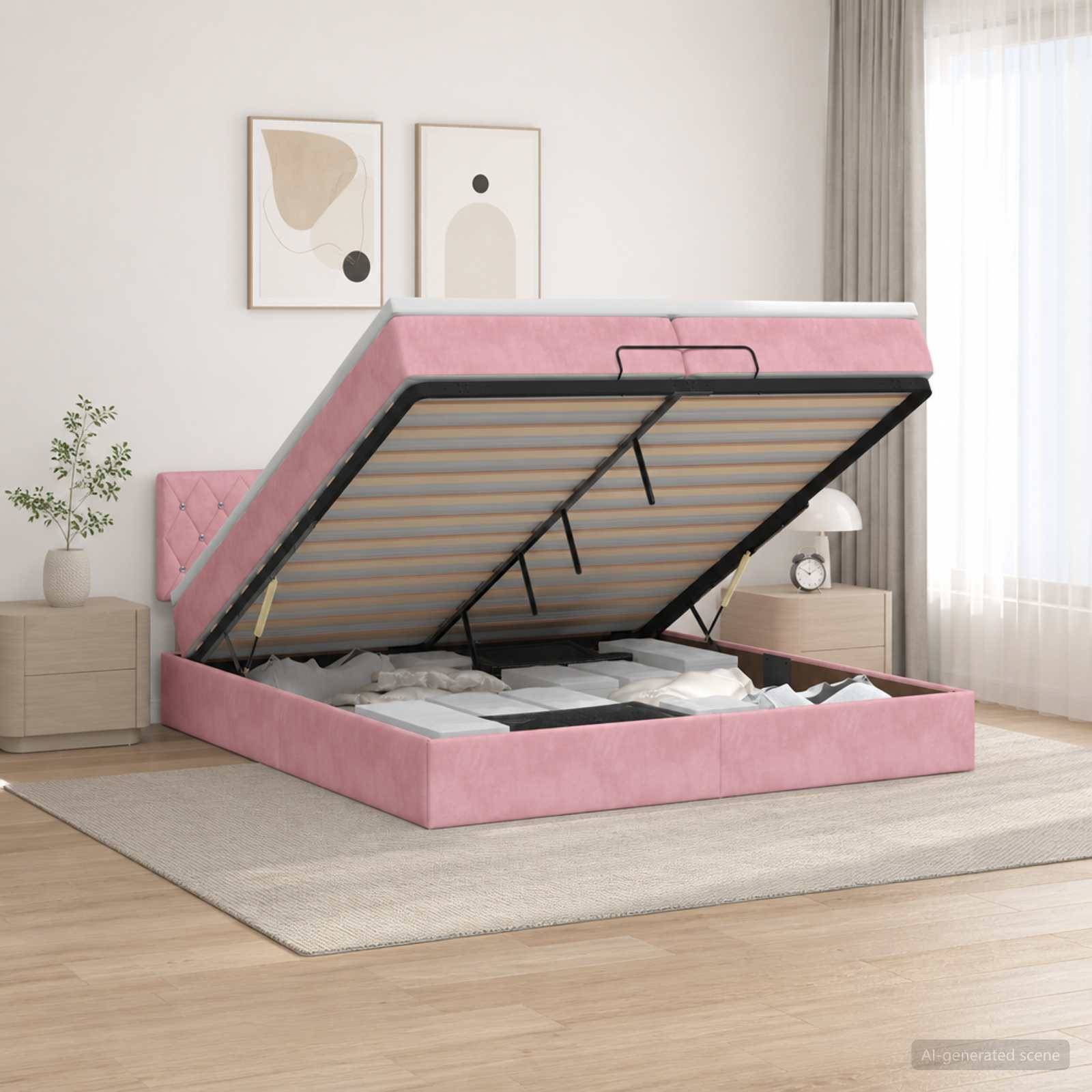 Rosa gepolstertes Bett mit Hubfunktion und Speicherplatz, Matratzenunterbau angehoben, wobei das Unterbettfach in einem hellen Schlafzimmer sichtbar ist.