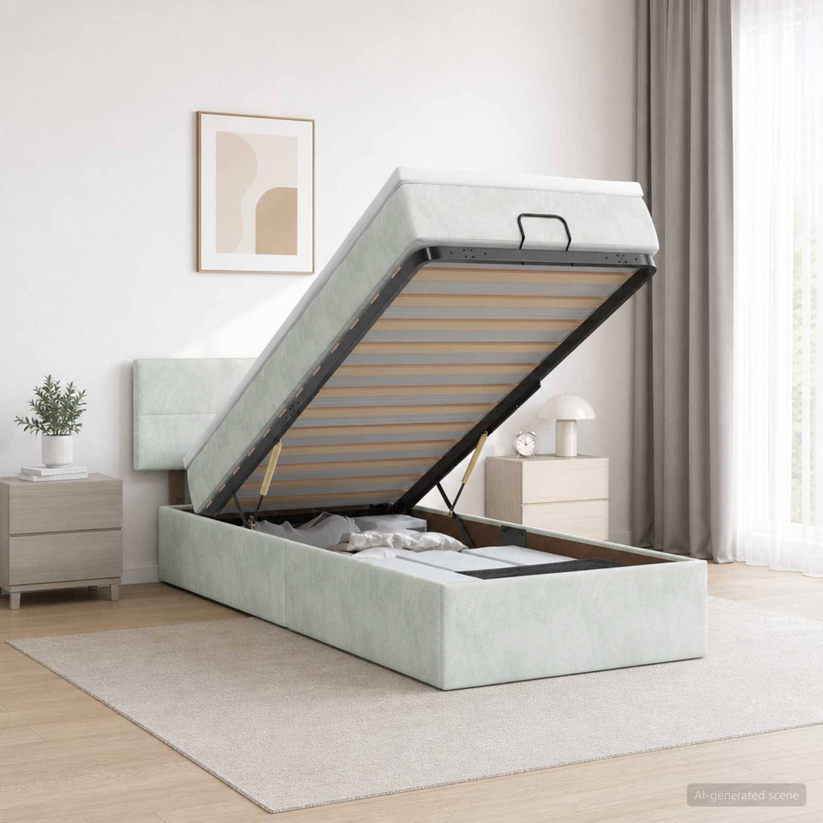 Gepolstertes Bett mit Stauraum, bei dem die Matratze auf einem Scharnier-Rahmen angehoben ist und den Stauraum in einem hellen modernen Schlafzimmer freilegt.