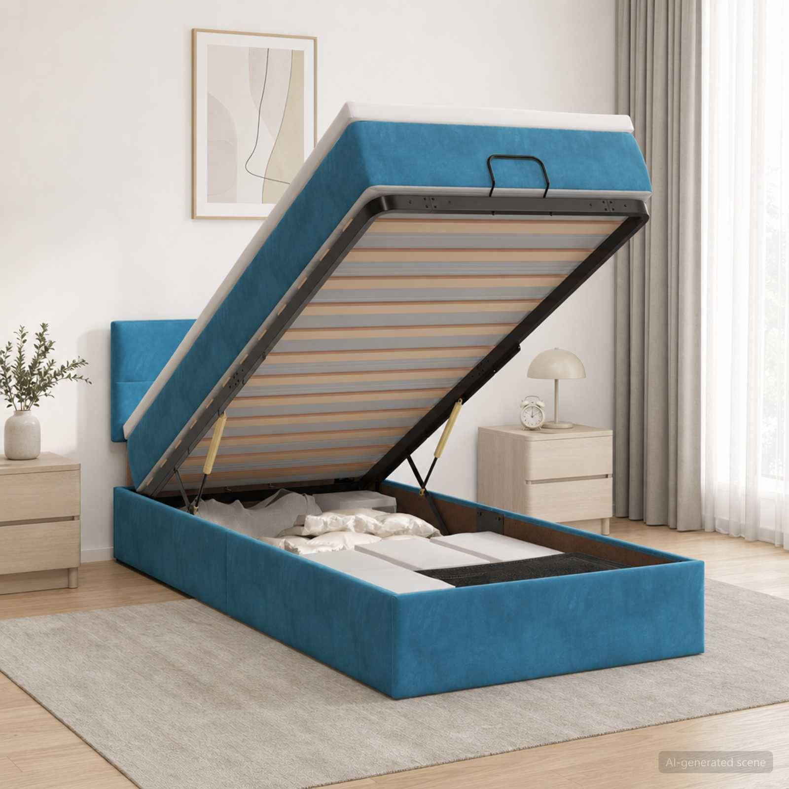 Blau gepolstertes Bett mit Hubfunktion und Stauraum in einem hellen Schlafzimmer, wobei die Matratzenunterlage angehoben ist, um den Stauraum unter dem Bett zu zeigen.