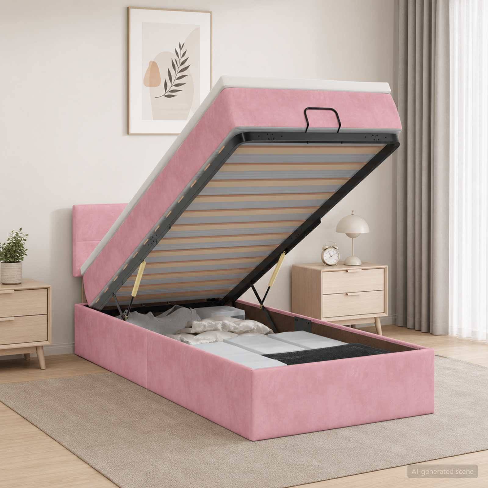 Rosa gepolstertes Ottomane-Bett in einem Schlafzimmer, geöffnet, um den Stauraum unter der erhobenen Matratzenunterlage zu zeigen.