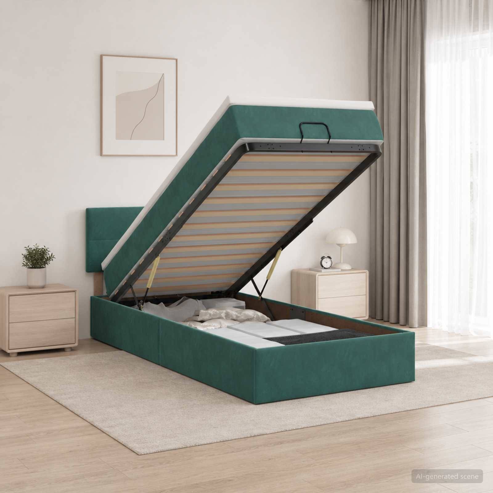 Grünes gepolstertes Bett mit Hubmechanismus in einem minimalistischen Schlafzimmer, wobei die Matratzenplattform angehoben ist, um die Aufbewahrungsbasis freizulegen.