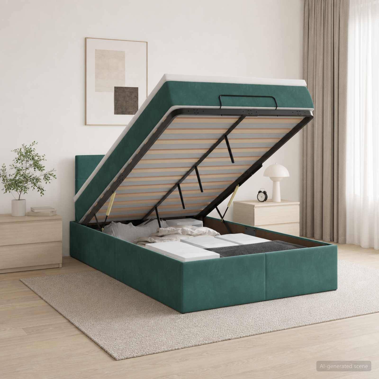 Grünes gepolstertes Ottomane-Bett mit angehobener Speicherbasis, die die Matratzenunterstützung und den Stauraum unter dem Bett in einem minimalistischen Schlafzimmer zeigt.