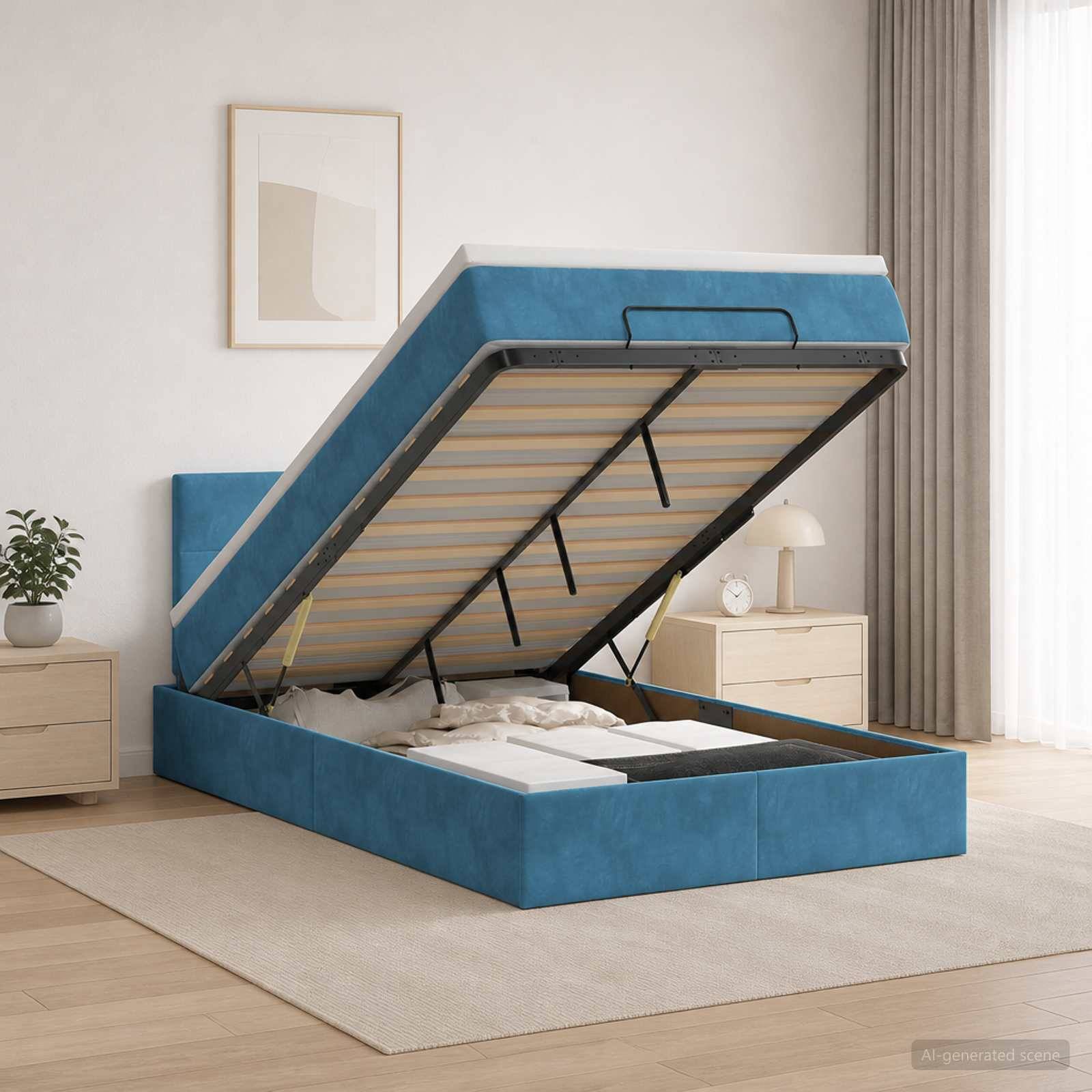 Blaues gepolstertes Ottomanbett mit geöffneter Speicherbasis, das die lamellierte Matratzenunterlage in einem hellen Schlafzimmer zeigt.