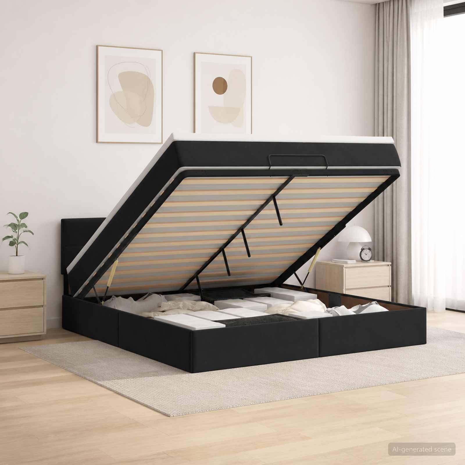 Schwarzes gepolstertes Plattformbett mit hydraulischem Hubspeicher-Rahmen angehoben, um das darunter liegende Fach in einem hellen minimalistischen Schlafzimmer zu zeigen.