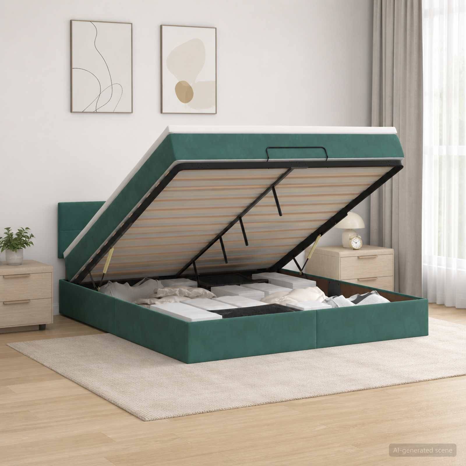 Grünes Polster-Bettgestell mit Hubfunktion in einem modernen Schlafzimmer, wobei die Matratzenauflage hochgeklappt ist und den Stauraum unter dem Bett zeigt.