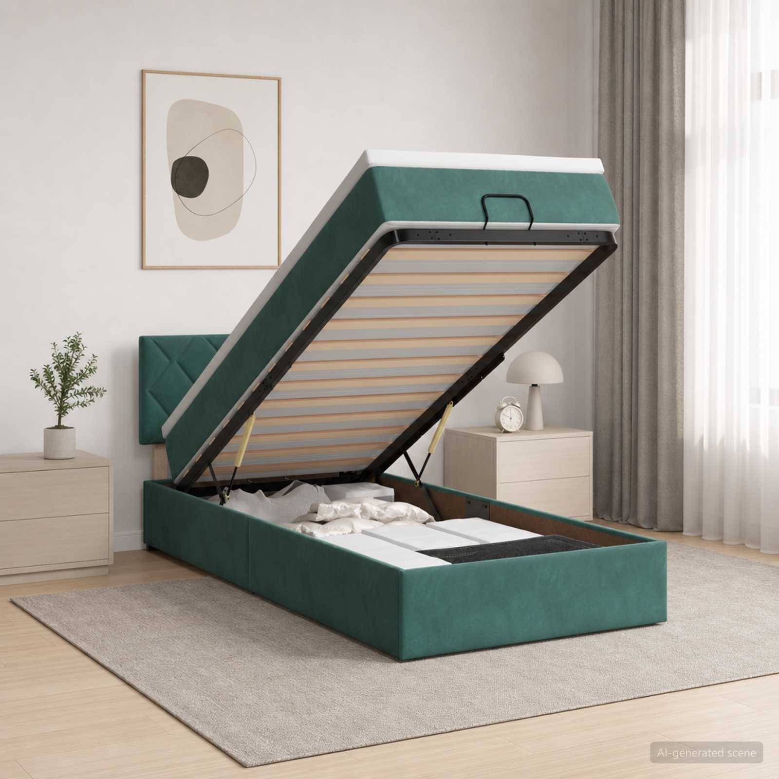 Grünes gepolstertes Bett mit Hubmechanismus offen in einem hellen Schlafzimmer, das die Lamellenbasis und den Stauraum darunter zeigt.