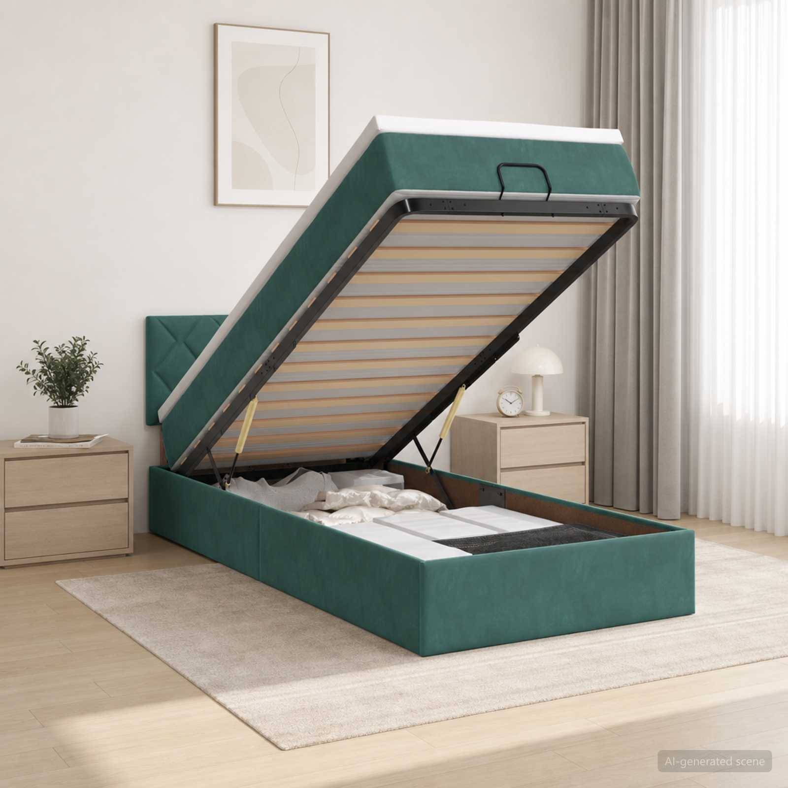 Gepolstertes grünes Bett mit Stauraum und angehobener Matratze, die den Stauraum unter dem Bett in einem hellen, modernen Schlafzimmer zeigt.
