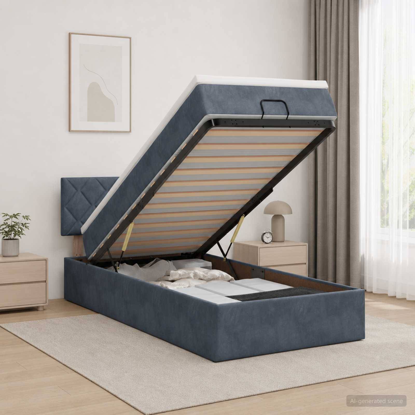 Blaugepolstertes Hochklapp-Speicherbett mit angehobener Matratzenunterlage, das Stauraum unter dem Bett in einem modernen Schlafzimmer zeigt.