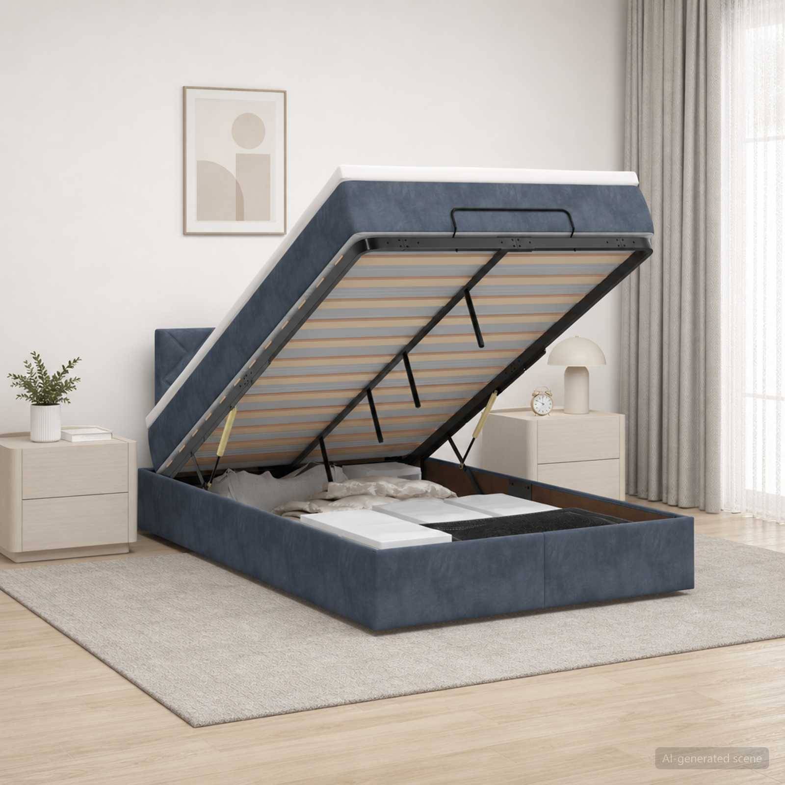 Blaues gepolstertes Bett mit Hubmechanismus und Stauraum mit erhobener Matratzenunterlage in einem modernen Schlafzimmer, der den Stauraum unter dem Bett zeigt.