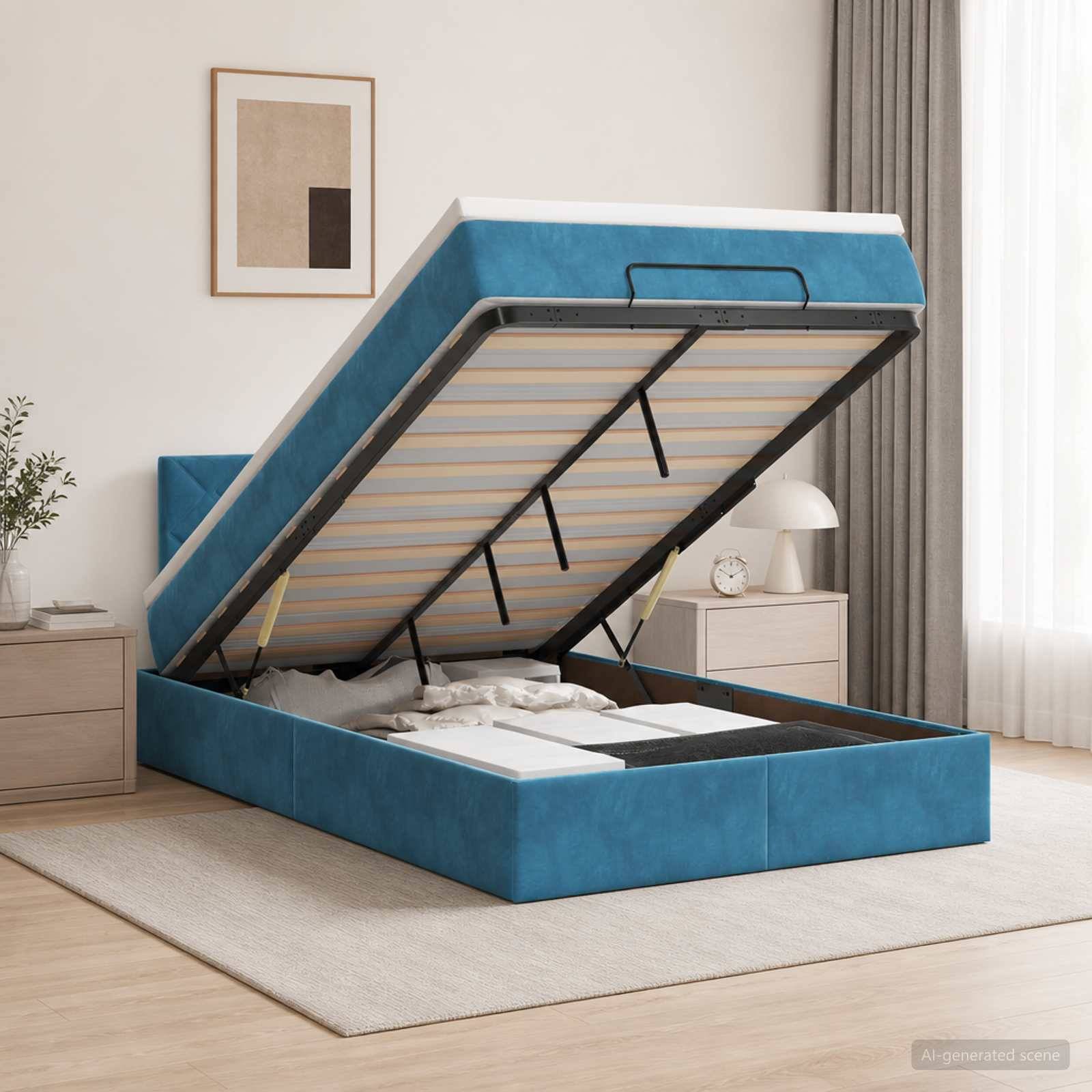 Blaugepolstertes Bett mit Hubmechanismus und Stauraum in einem modernen Schlafzimmer, geöffnet, um den Stauraum unter der Matratze zu zeigen.