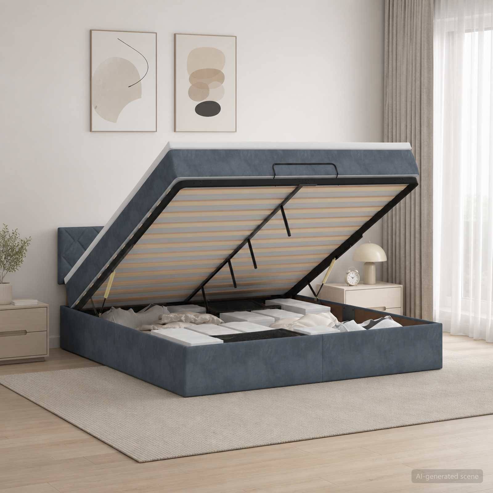 Gepolstertes blaues Speicherbett mit angehobener Matratzenunterlage, das den Stauraum in einem modernen Schlafzimmer freigibt.