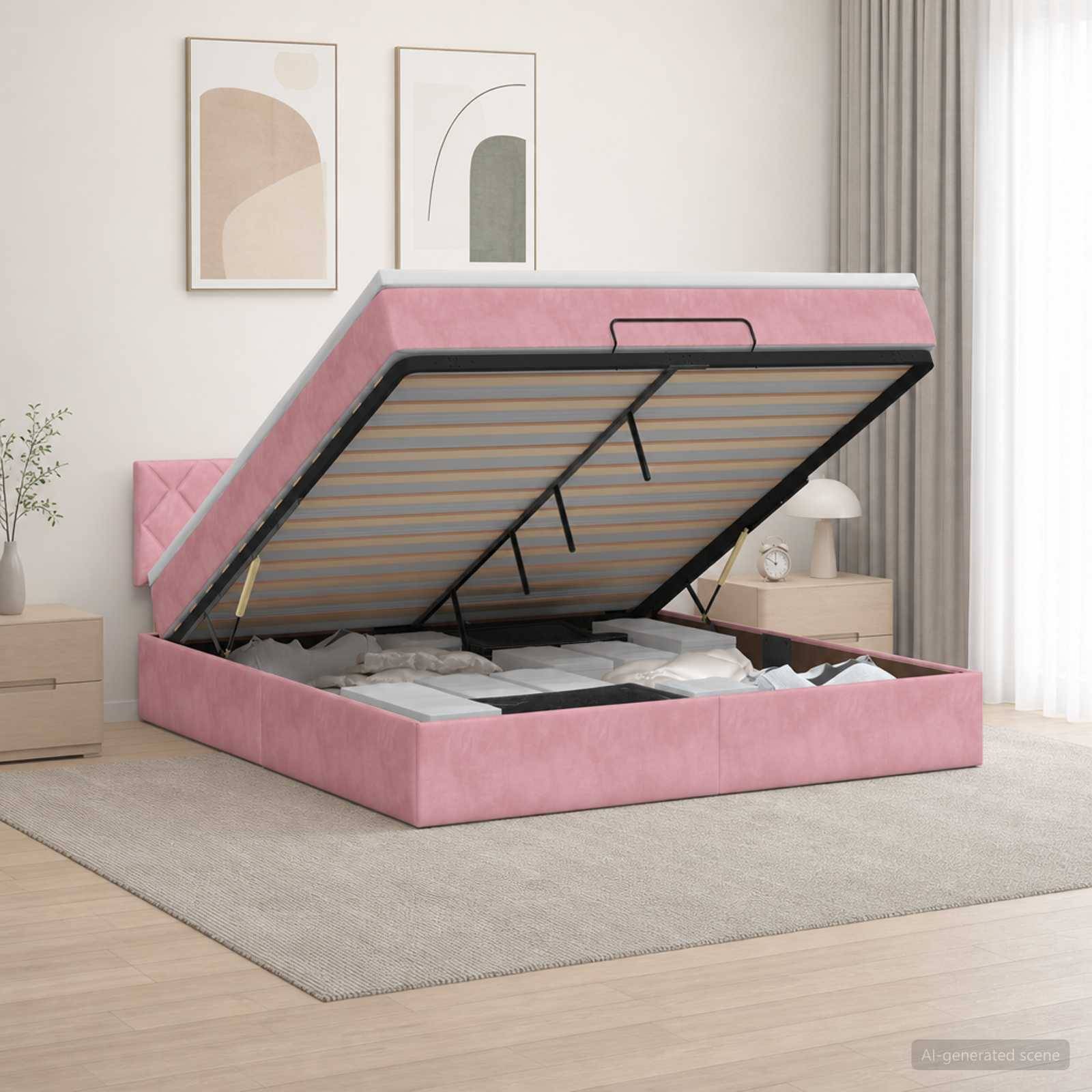 Rosafarbenes gepolstertes Speicherbett mit angehobener Matratzenunterlage, die das Unter-Bett-Lagerungskompartiment in einem modernen Schlafzimmer zeigt.