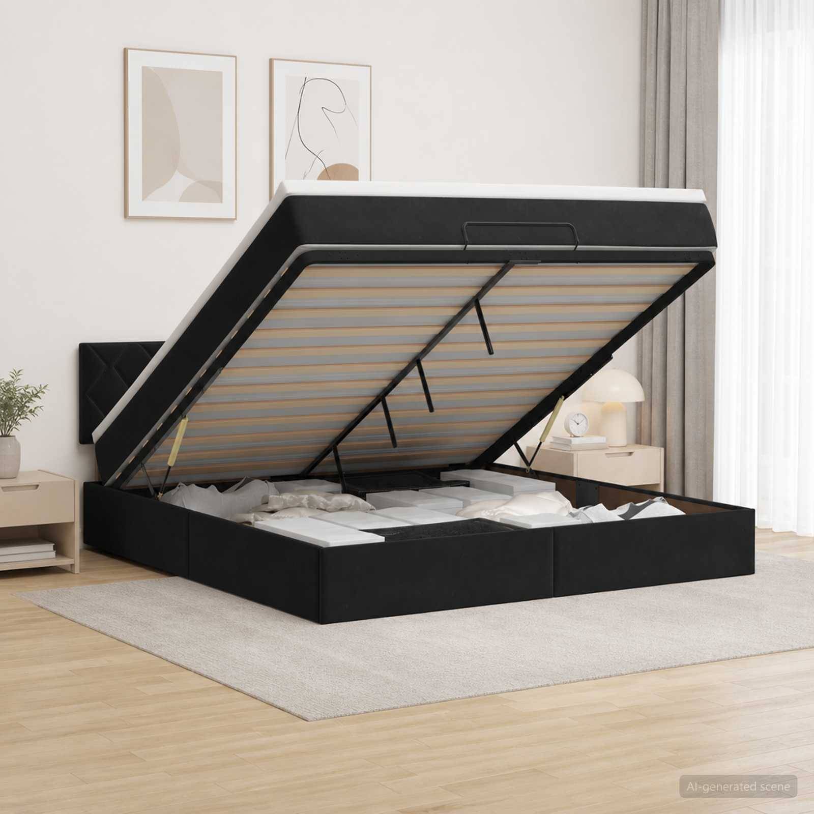 Schwarzes gepolstertes Bett mit Stauraum und Matratze auf Gasfedern hochgehoben, wobei der Stauraum unter dem Bett in einem modernen Schlafzimmer sichtbar ist.