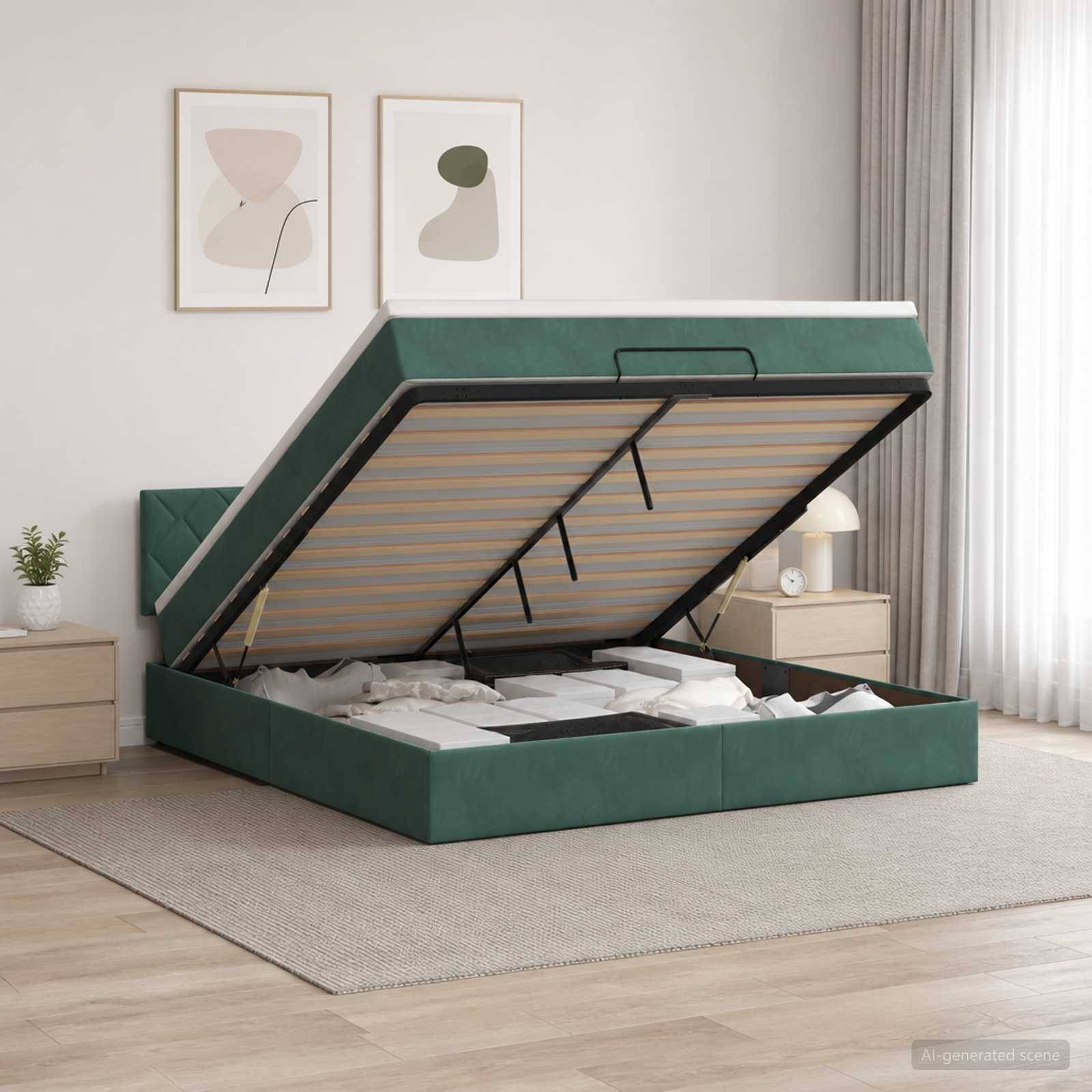Grünes gepolstertes Hochklapp-Bett mit Stauraum, mit geöffnetem Matratzenbereich, in einem hellen minimalistischen Schlafzimmer dargestellt.