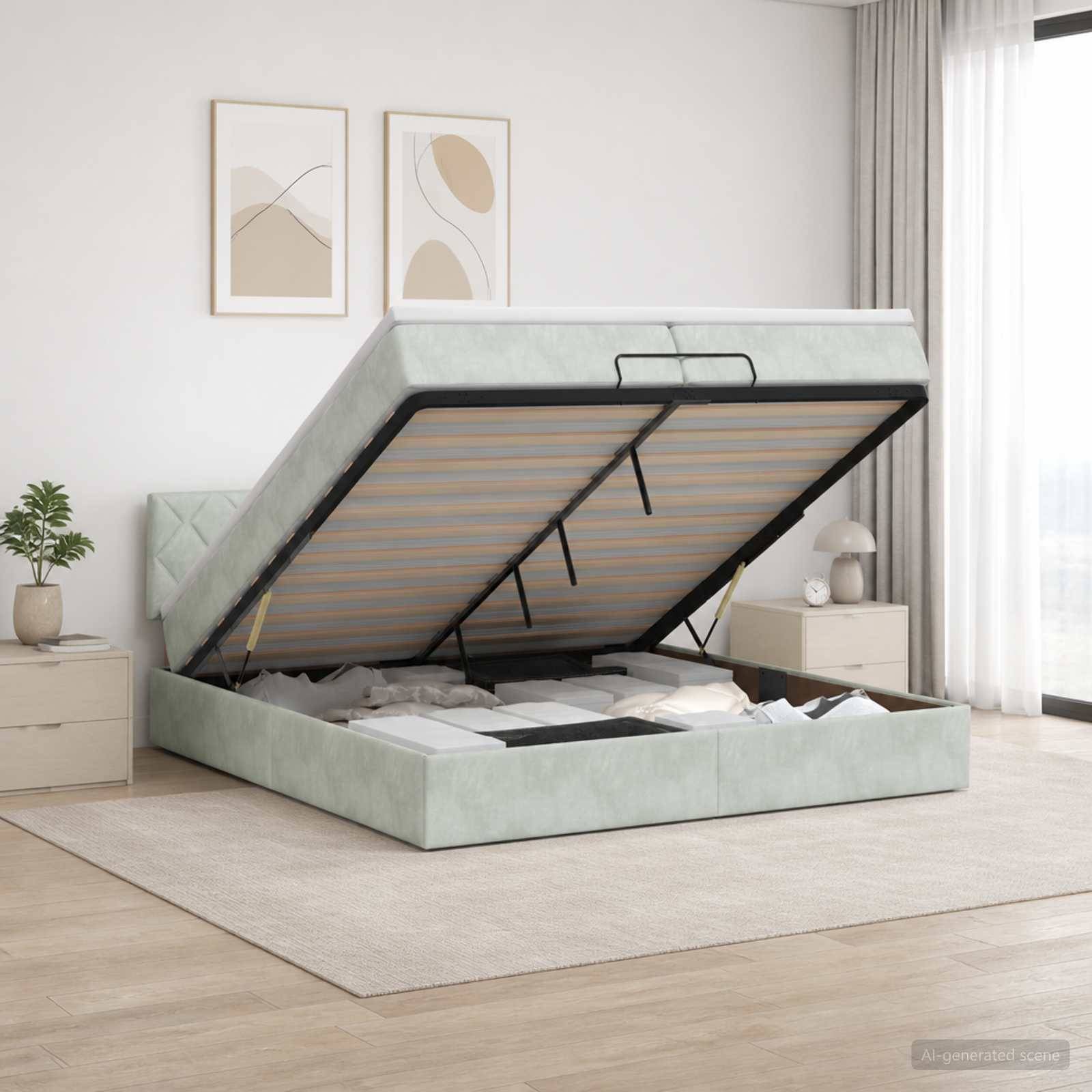 Ein hellgrünes gepolstertes Bett mit angehobener Speichermatratze zeigt die Lamellenbasis in einem hellen minimalistischen Schlafzimmer.