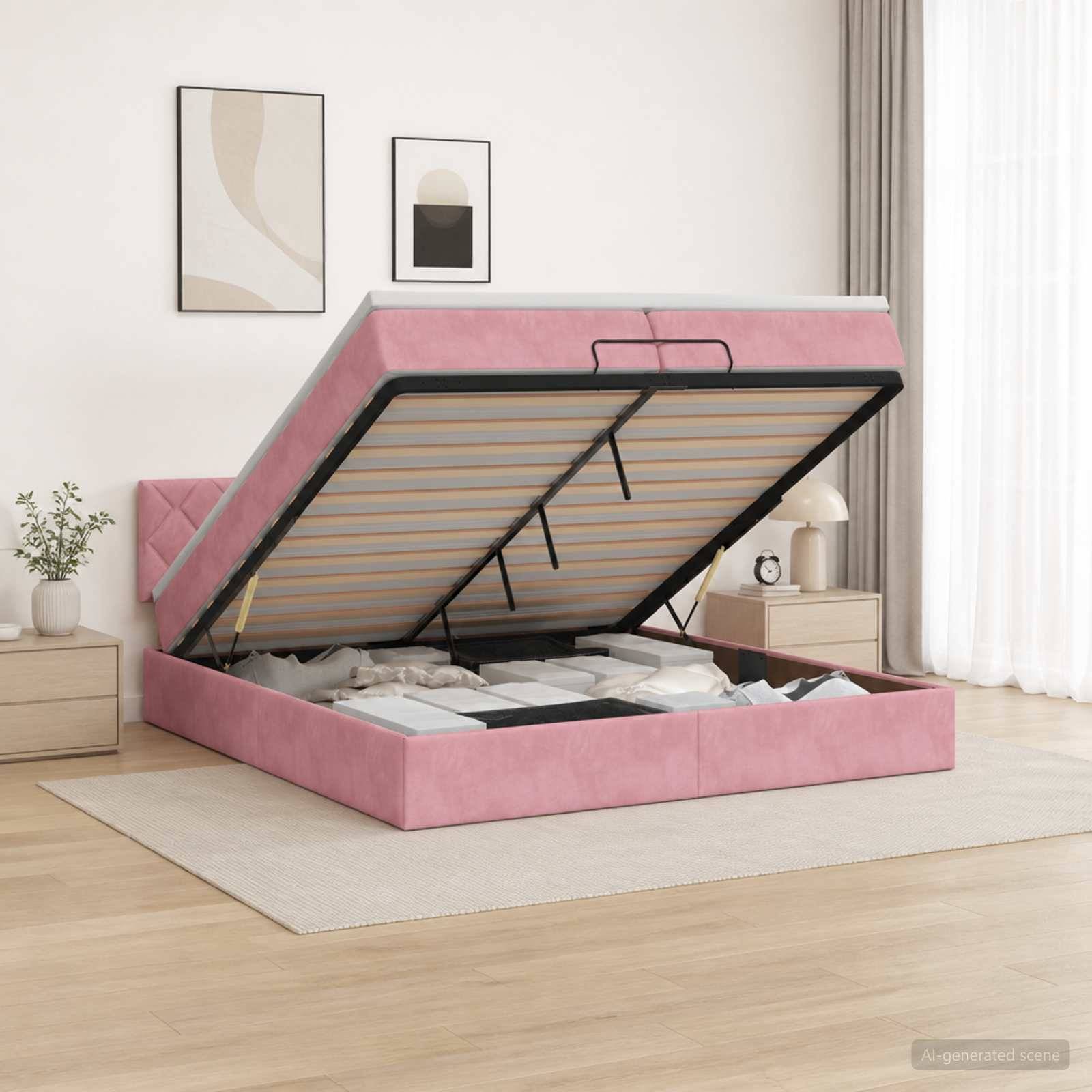 Rosafarbenes gepolstertes Bett mit Hubmechanismus offen, wobei die Matratzenunterlage angehoben ist und die Lattenrostunterstützung sowie der Stauraum unter dem Bett in einem hellen Schlafzimmer sichtbar sind.