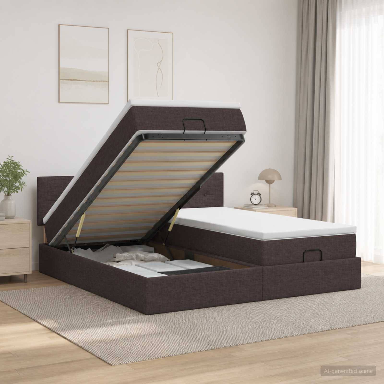 Polsterbett mit Stauraum, bei dem die linke Matratzenunterlage hochgeklappt ist und den Stauraum unter dem Bett sowie den Bettrahmenmechanismus in einem Schlafzimmer zeigt.
