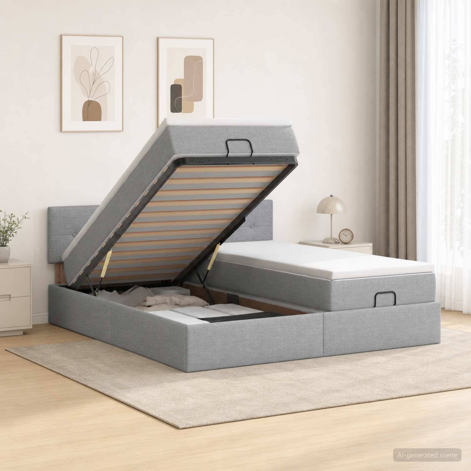 Grau gepolstertes Speicherbett mit der auf einer Scharnierunterlage hochgehobenen Matratze, die den Stauraum unter dem Bett in einem hellen Schlafzimmer zeigt.