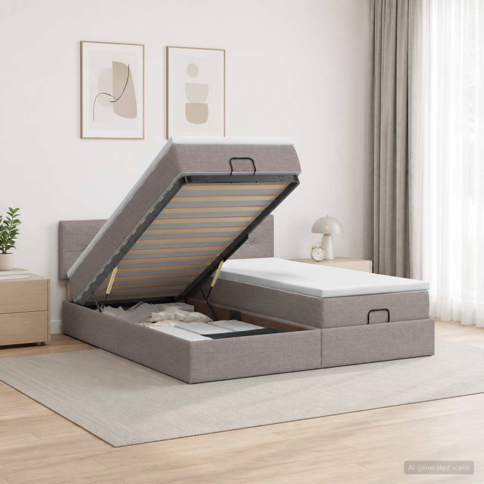 Graus gepolstertes Bett mit Stauraum und angehobener Matratze auf einem Scharnierrahmen, der den Stauraum unter dem Bett in einem hellen minimalistischen Schlafzimmer offenbart.