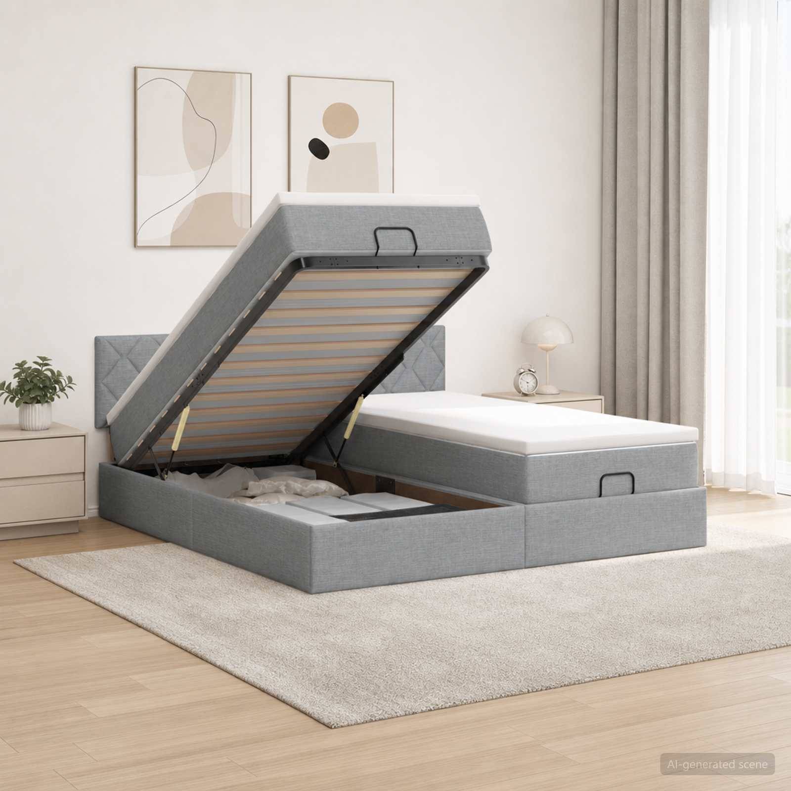 Grau gepolstertes Speicherbett mit der linken Seite aufgeklappt, das die Latten­basis und den Unterbett-Speicherplatz in einem hellen Schlafzimmer zeigt.